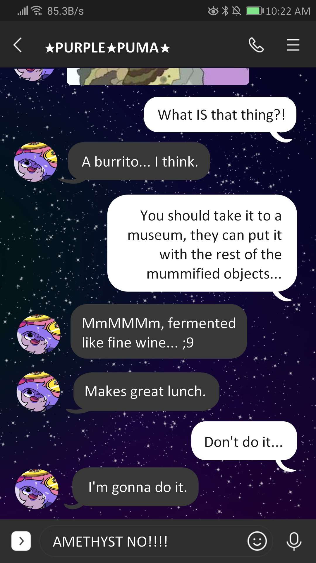 A digitally created screenshot of a conversation between WD!Steven and Amethyst, who is threatening to eat a really old burrito she found.