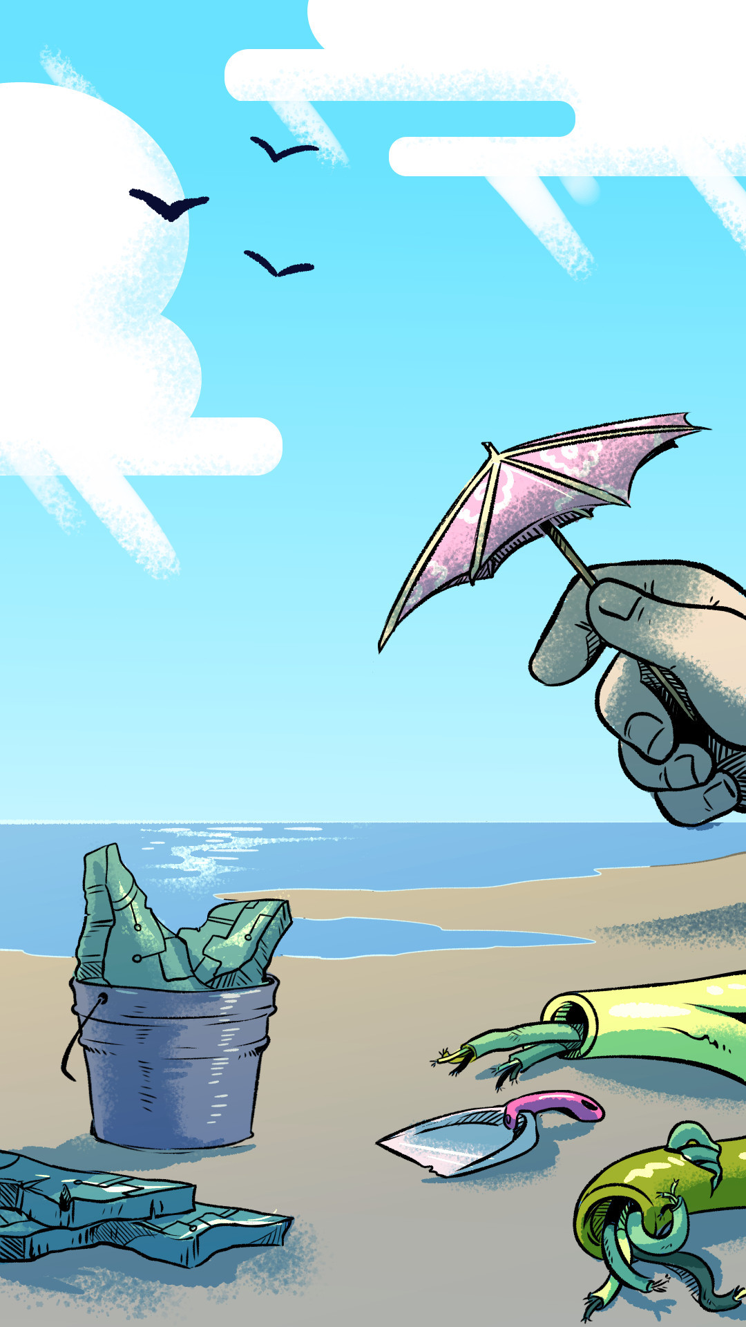 An illustration imitating a photograph. It's a beautiful blue sky day on a beach, but there are pieces of broken machinery and cables strewn around. There's a bucket with some pieces of metal are piled inside, and a little scoop. A hand from off to the right is holding up a tiny cocktail umbrella, as if to make the scene fancy.