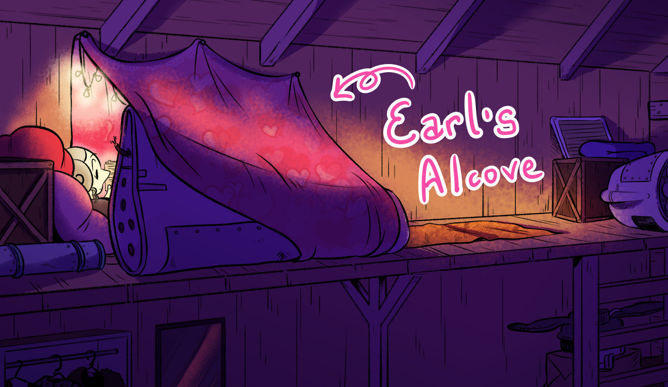 IMAGE: An illustration that looks like a photo. It's taken in the barn from Steven AUniverse, WD!AU. On the second floor overhang, there is a piece of plane wing propped up on its side. A pink heart-patterned blanket is stretched across its edge and to the wall, pinned up there with nails to create a canopy. Although the light in the barn is sparse, there are fairy lights illuminating inside the alcove. Earl can be seen reclining on a nest of pillows inside, her gaze directed at a book she's reading, unaware she's being photographed. A little text edit says "Earl's Alcove" with an arrow pointing to the blanket.