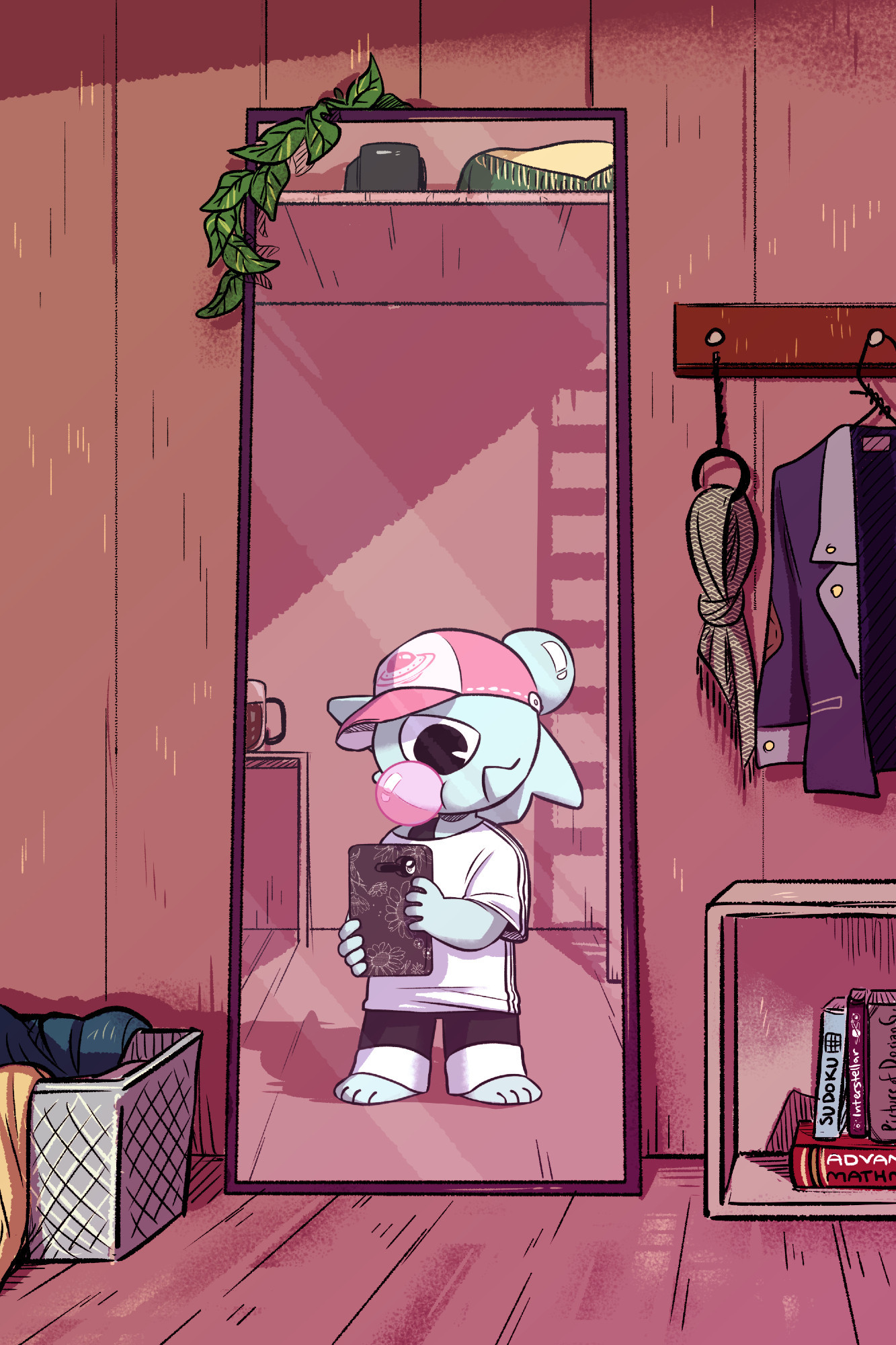 IMAGE: An illustration that is meant to look like a photo. Seaglass, from WD!AU, is taking a selfie in the barn mirror using Steven's phone. She's got a pink cap on her head with a little alien spaceship on the front. She's wearing a large t-shirt with black sports stripes on the side. It's loose enough that it's hanging partially off one shoulder, showing her shoulder strap from her gem form underneath. She's blowing a large bubble of pink bubblegum as she snaps the shot.