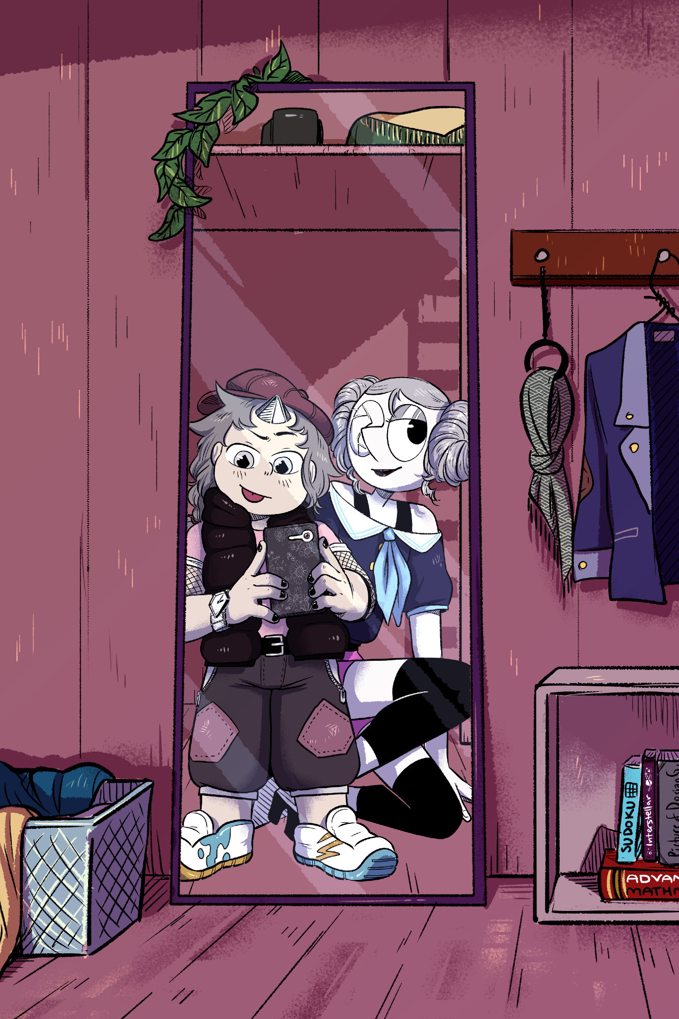 IMAGE: An illustration that's meant to look like a photo. WD!AU Steven and Earl are taking a selfie together in the barn mirror. Steven is holding the phone, his tongue sticking out teasingly. His hair is in a braid and he's wearing a red tinted beret, a puffy vest and a pink t-shirt with fishnet sleeves. His pants are a bit baggy, with pentagonal designs on the knees. His shoes have water and electric decorations on them. Behind him is Earl, taking a knee to fit into the photo alongside him. She's wearing a loose-fitted sailor uniform-like top that drops from her shoulders, with a blue bowtie that seems to have been undone. She's spruced up her hair buns and has what looks to be dark lipstick on.