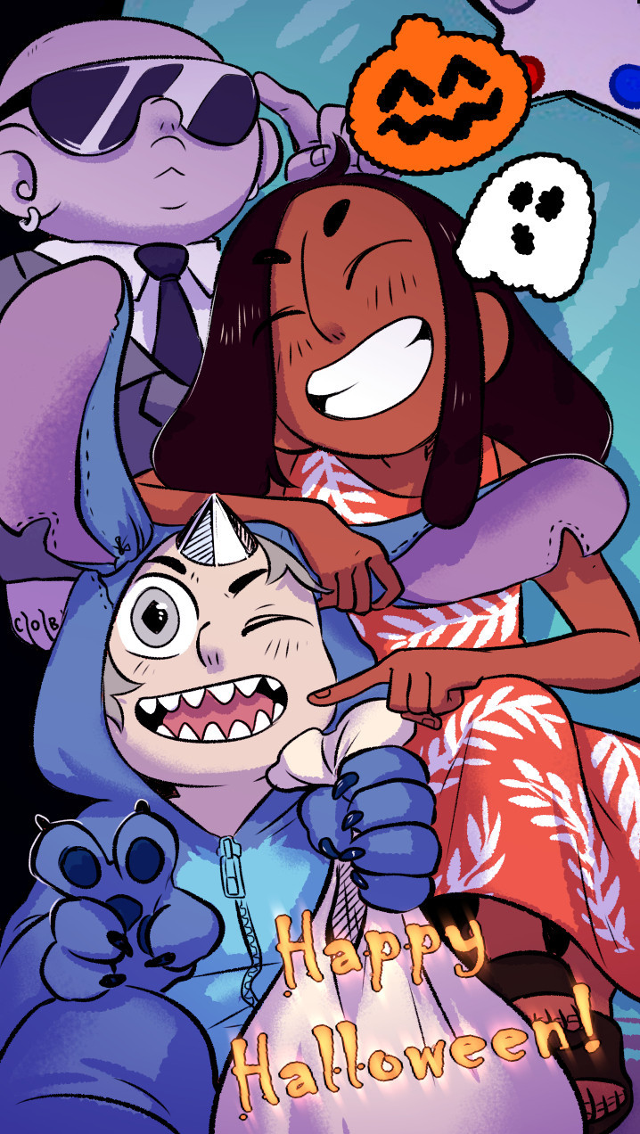 A digital illustration depicting a photo being taken. Steven is in the foreground, wearing a handmade stitch costume. Connie is leaning on his head, poking his cheek playfully as she grins. She's dressed as Lilo. Behind them, Amethyst has shapeshifted herself bald and is wearing a suit and dark sunglasses. She looks like Cobra Bubbles. The decorative text reads 'Happy Halloween!' with a pumpkin and ghost sticker on top.