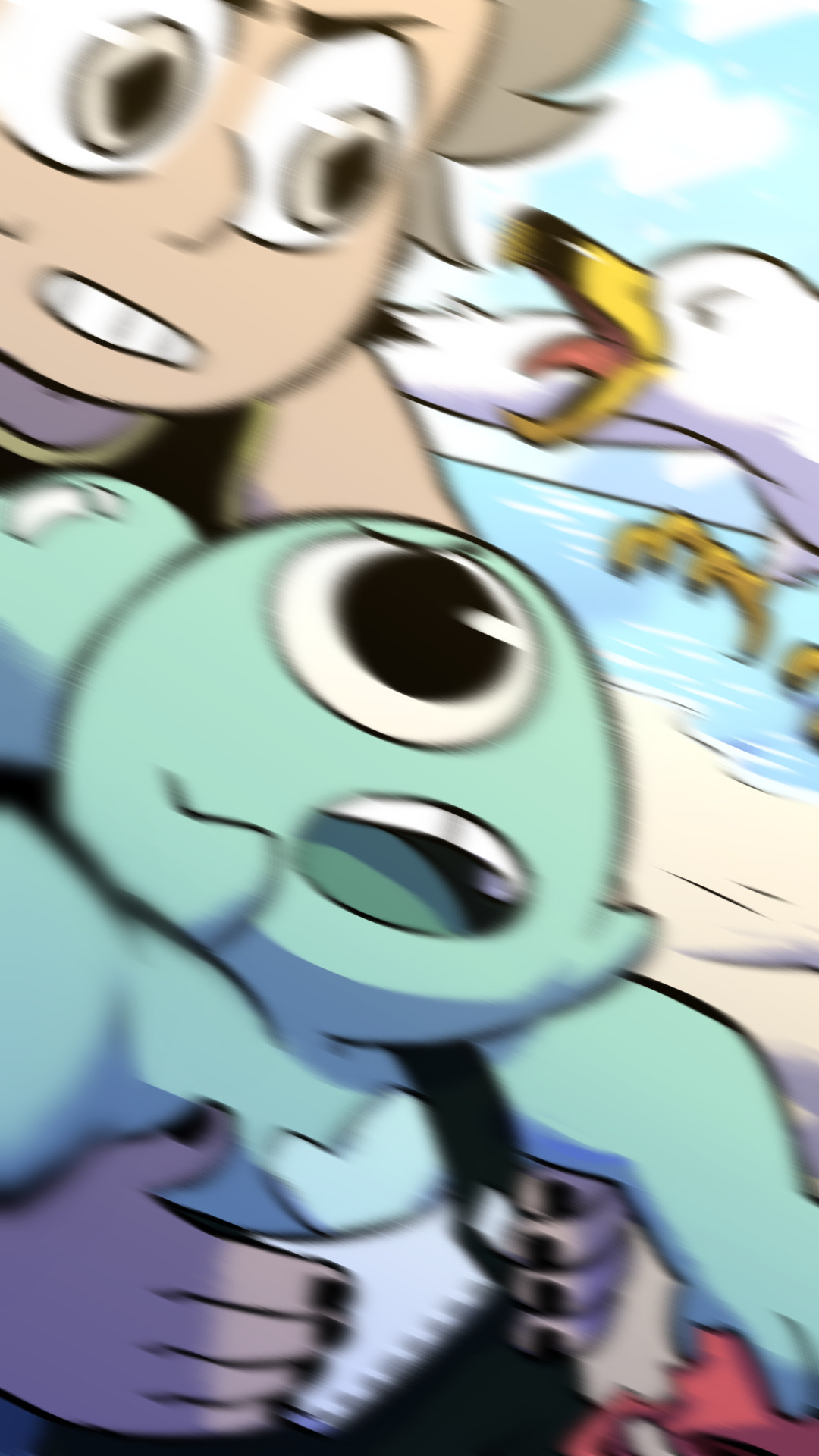 IMAGE: An illustration that looks like a photo.  The photo is slightly tilted and blurry, as though taken in action. Steven has appeared, grabbing Seaglass and yanking her out of the way as the seagull is seen aiming for the both of them in a fit of rage. Seaglass is clearly yelling something defiantly. The crab is going along for the ride.