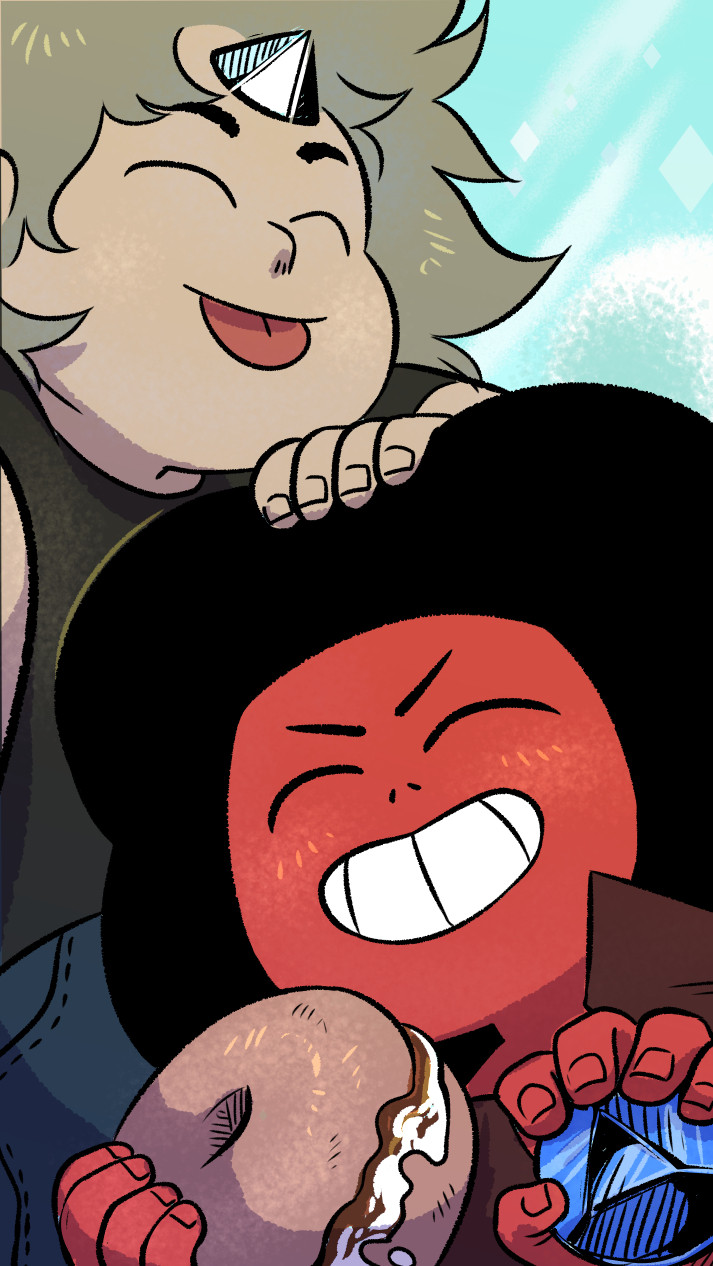 A photo of WD!Steven and Ruby. Ruby is holding a bagel s'more and Sapphire's gem in her other hand, grinning at the camera. Steven is sticking out his tongue teasingly.