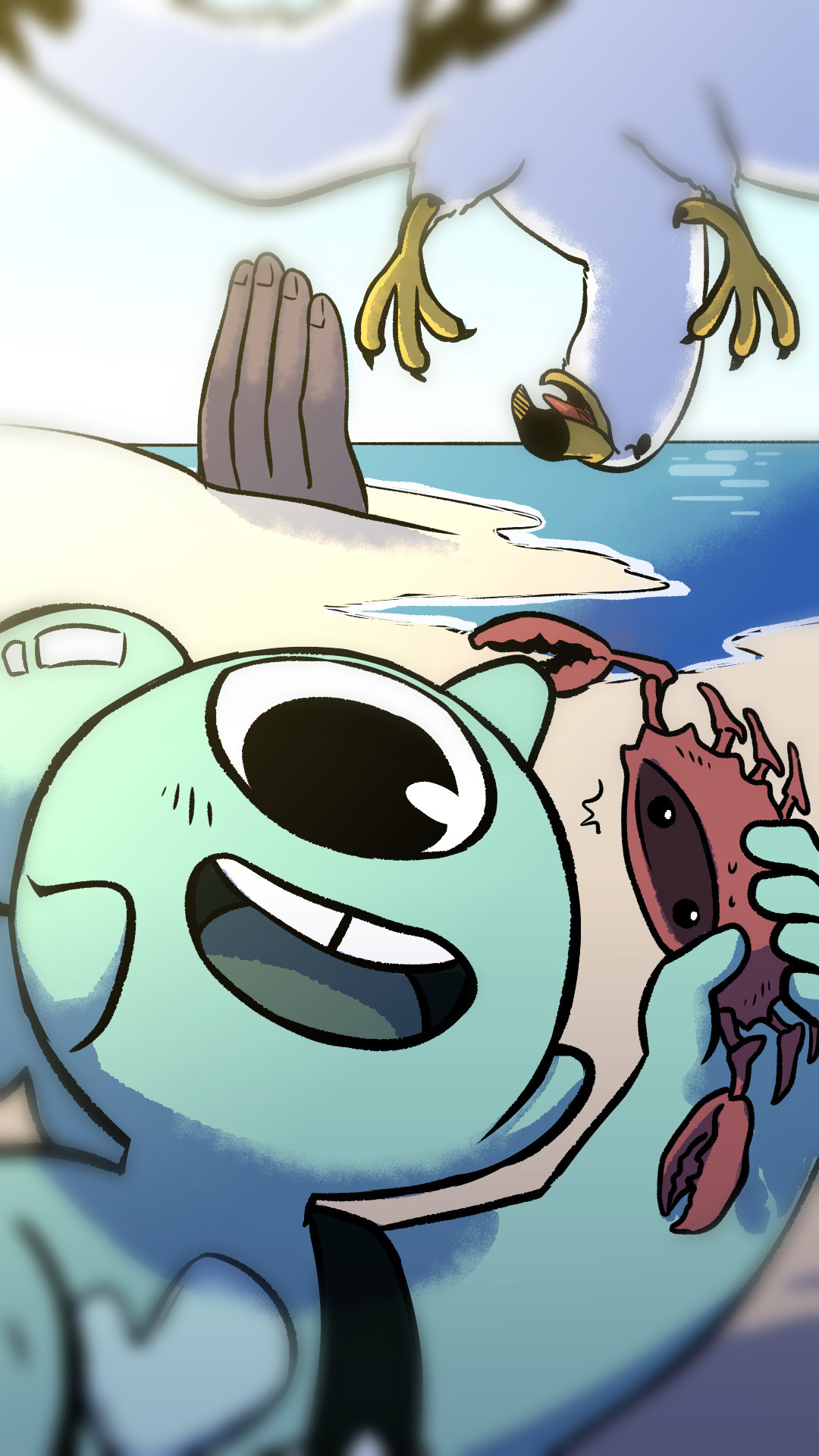 IMAGE: An illustration that looks like a photo. It's a selfie, and in the front is Seaglass, a small seafoam-green gem with one eye. She is holding the lucky-unlucky crab from the previous photo, waving it around victoriously. Just above her is the seagull, who looks enraged and confused about his lunch being taken out from under his nose.