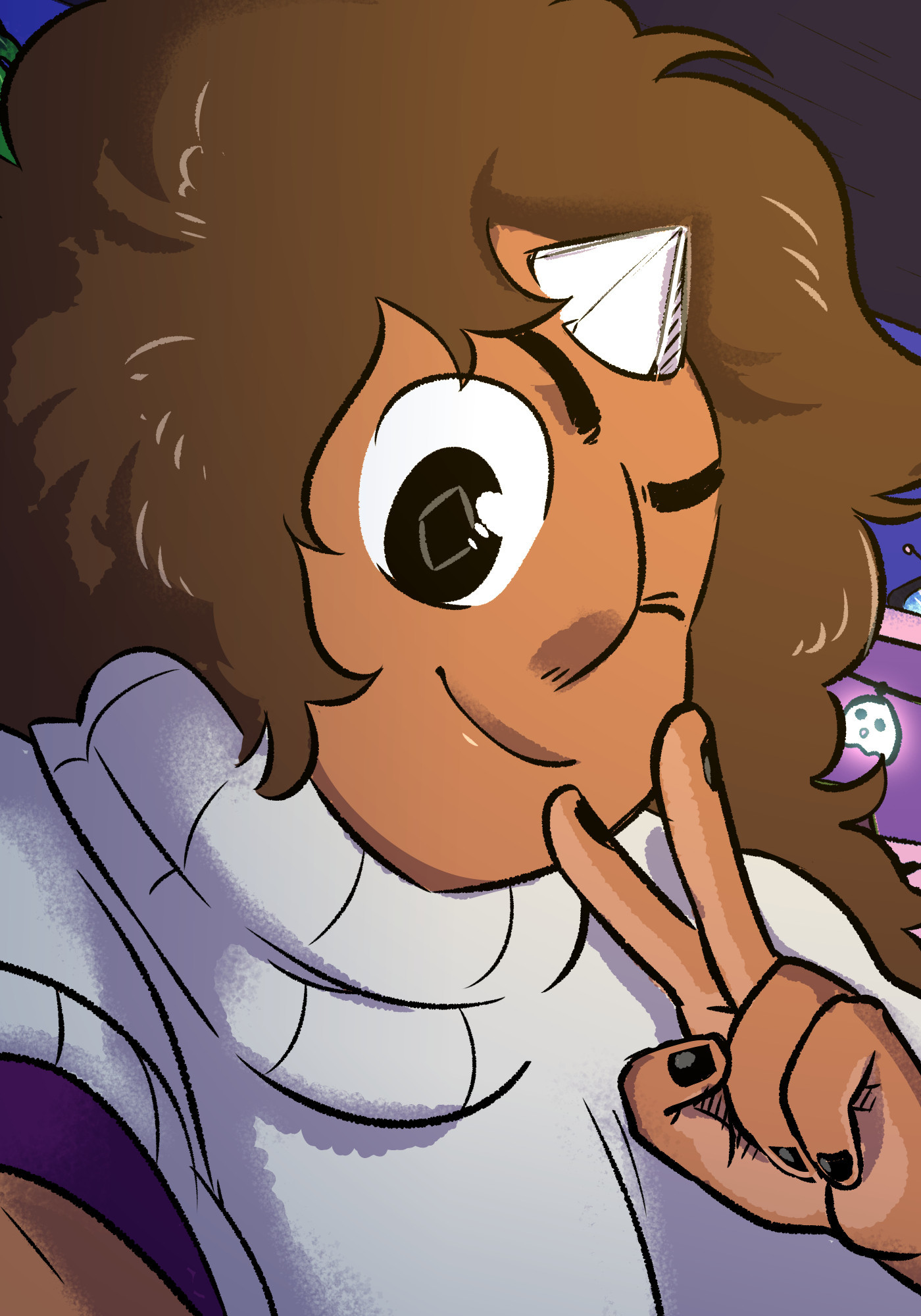 A digital illustration of WD!Stevonnie that looks like they're taking a selfie. They're wearing a white turtleneck sweater and something else that might have been a part of Connie's outfit. Their nails are painted black, and they're holding up their hand in a two-fingered peace salute and winking at the camera.