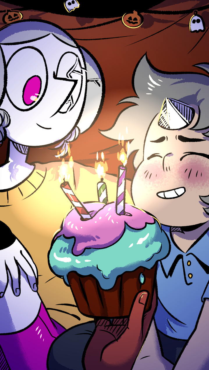 An illustration of a photo. Connie is holding up a cupcake at the forefront which has three candles stuck into its frosting. Behind the cupcake are Earl and Steven. Steven is blushing in embarrassment, but looks happy. Earl is also smiling happily. The cupcake's flames are reflected in her pink eye.