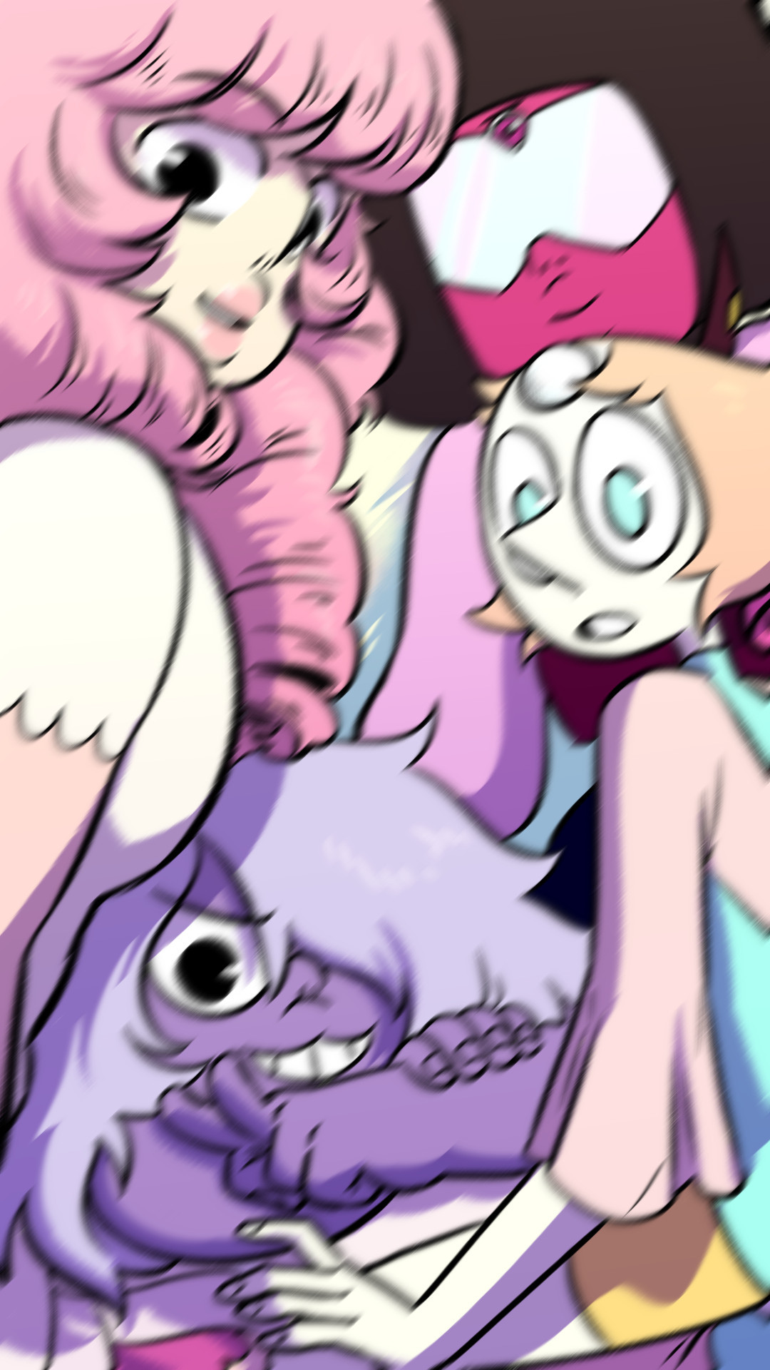 IMAGE: An illustration that looks like a photo of the Crystal Gems. It's slightly blurred, as though the phone was shaking. Rose Quartz is looking over her shoulder with a startled smile. On her lap is Amethyst, lounging but managing to throw up a casual peace sign for the photo. Beside them, Pearl is also looking over her shoulder, looking more surprised. Behind them is Garnet, who looks the least confused, and is  smiling knowingly.