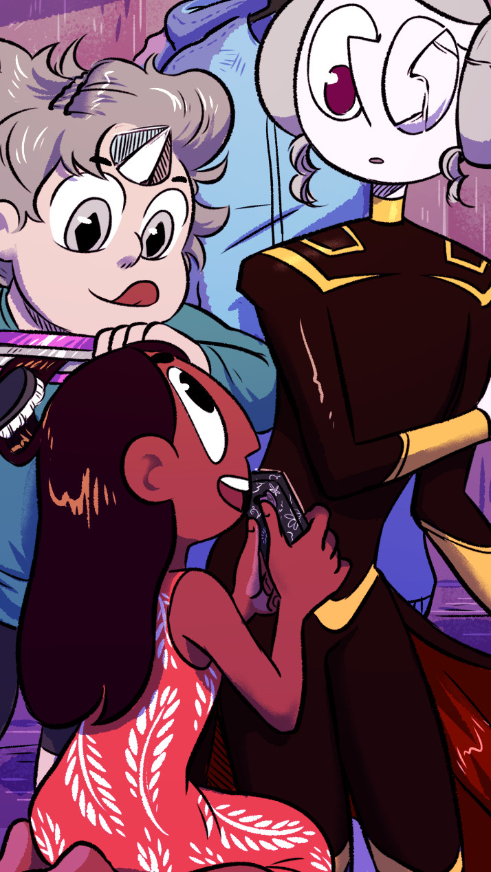 A digital illustration depicting a photo being taken. Steven is straightening Connie's hair. She's in the foreground, sitting on her legs, wearing a dress that's reminiscent of Lilo's dress from Lilo and stitch. She's showing something on her phone to Earl, who is wearing a dark body-tight suit with fancy coat tails and golden details.