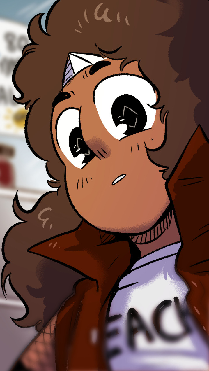 A digital illustration of WD!Steven's Stevonnie. They have darker skin, and light-brown hair, and a gem on their head just like Steven. Their eyes are black, with diamond-like pupils outlined in a lighter color to accent their shape. They're looking down at the phone as though they'd just taken a selfie, but they seem confused.