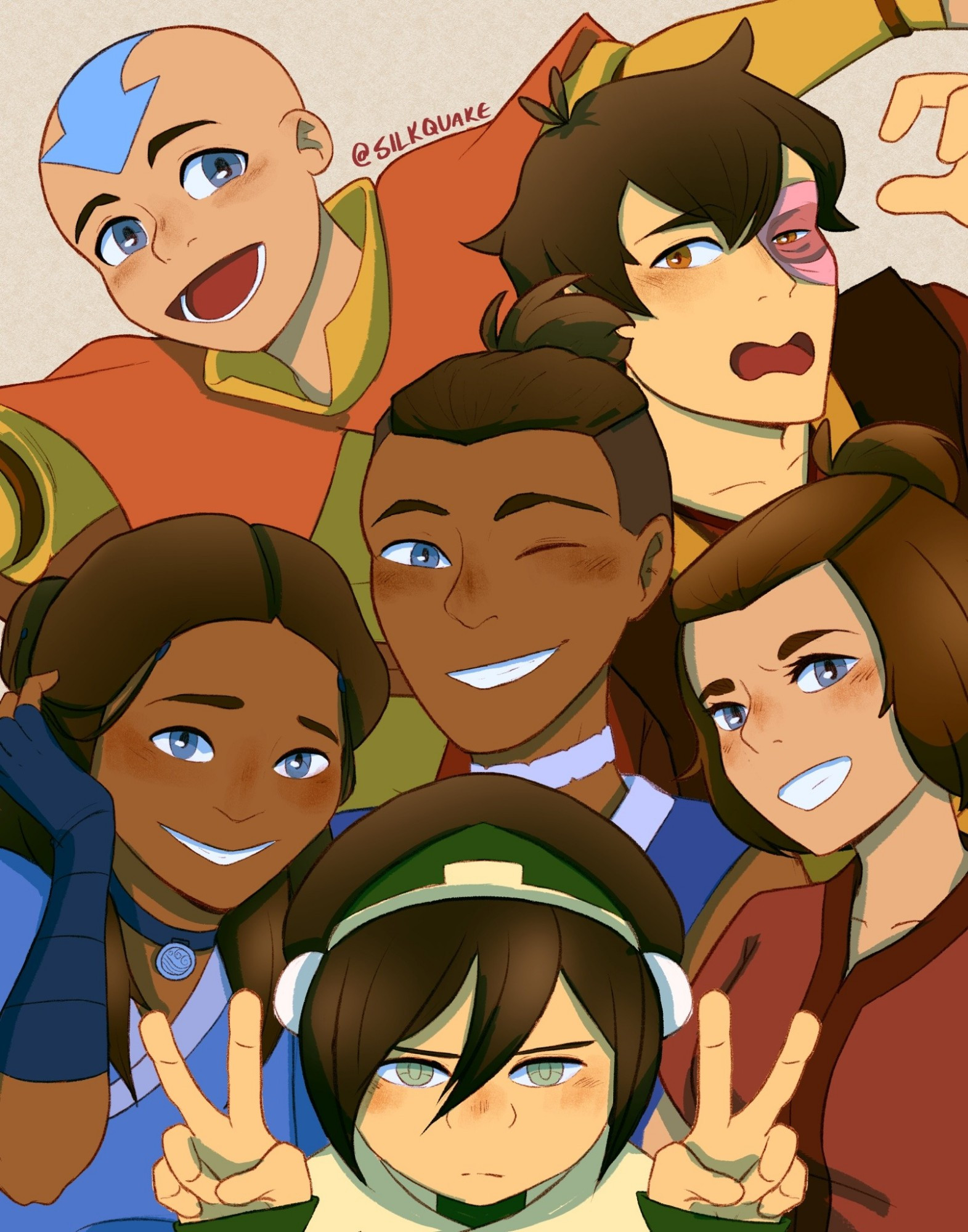 Fanart of the Gaang crowded together as if posing for a photo. Aang is at the top, leaping joyfully with his arms stretched out and pushing Zuko closer to the group who is stumbling into frame. Below them are Katara, who is pushing her hair back, Sokka, and Suki, smiling at the camera and in front of them, Toph has a dead pan expression while holding up two peace signs.