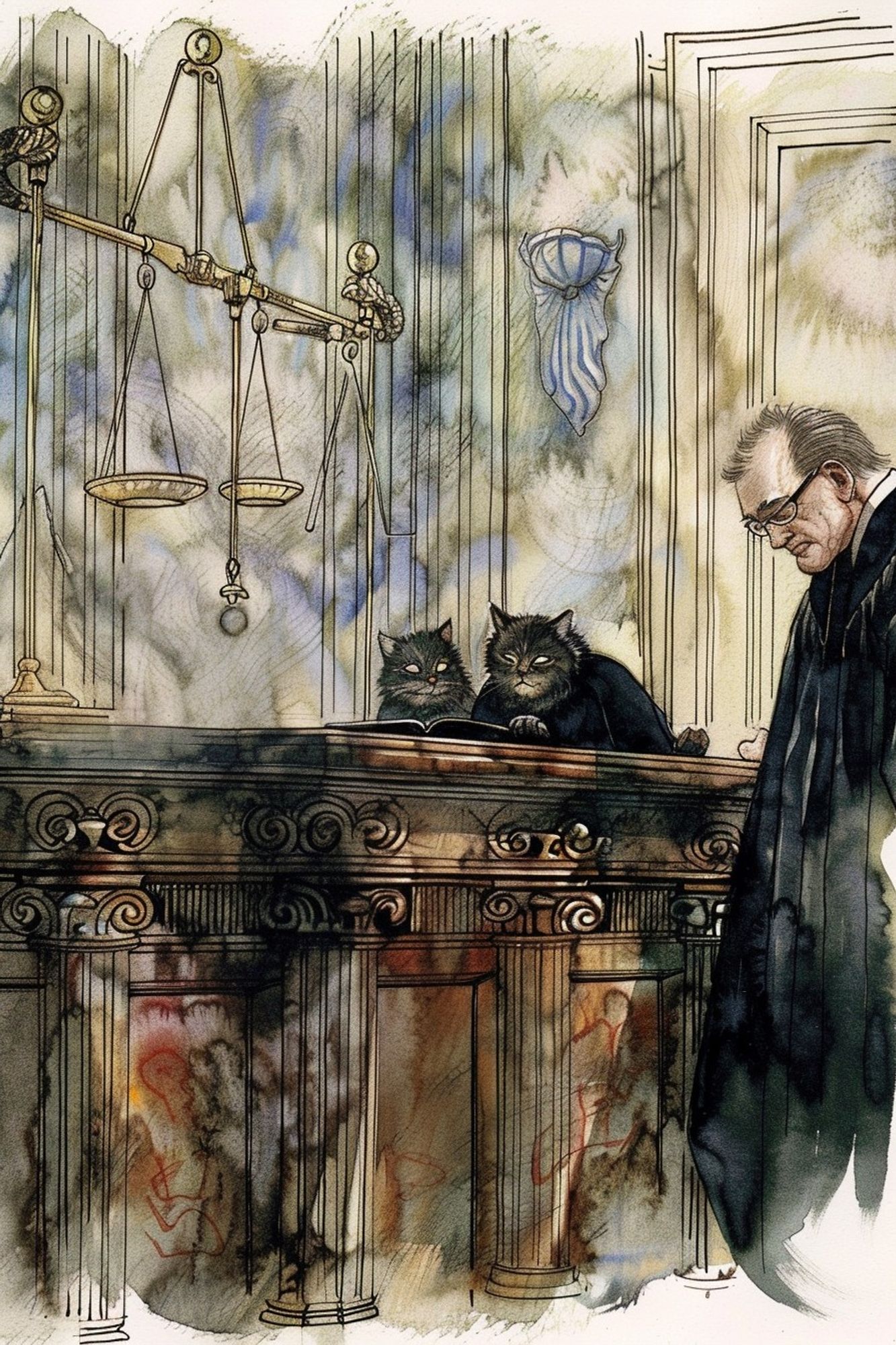 Courtroom sketch with cats on the bench