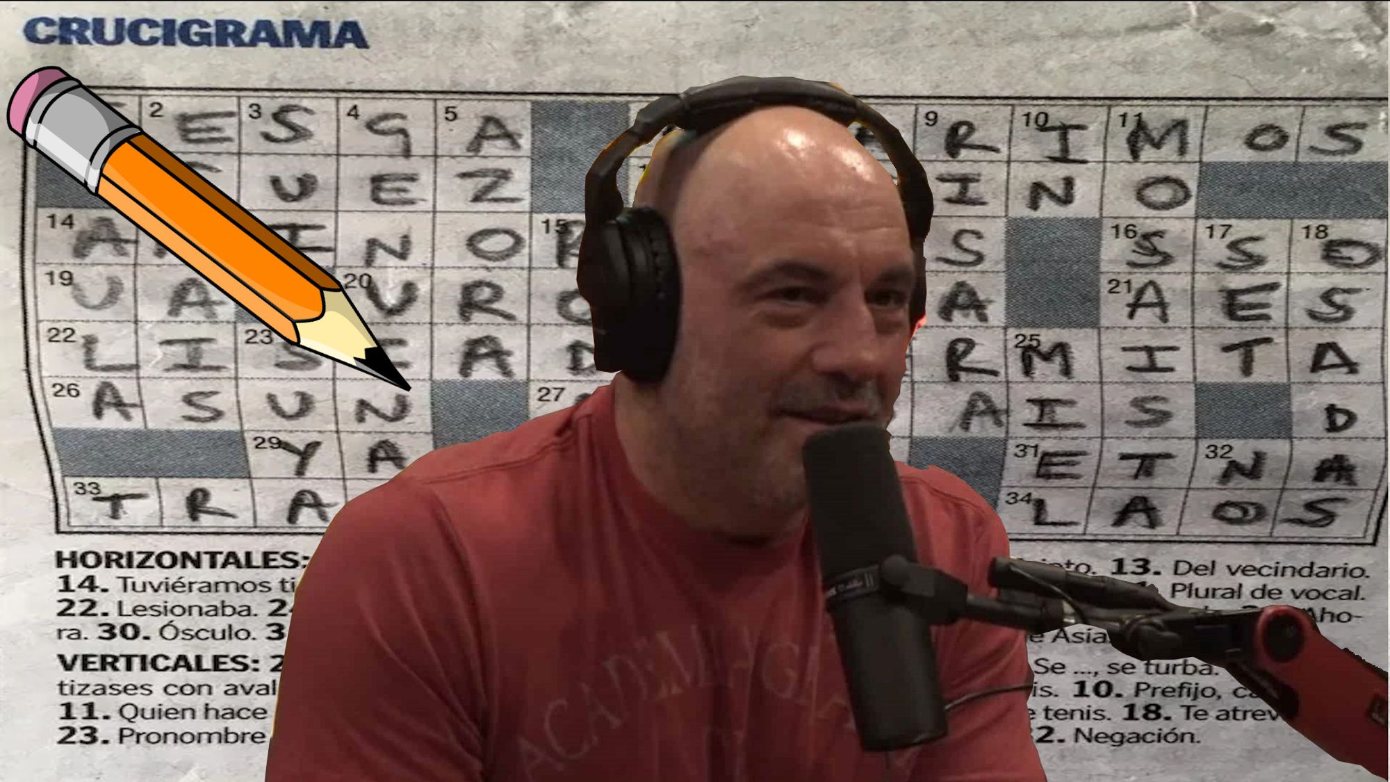 Joe Rogan in front of a Spanish Crossword Puzzle