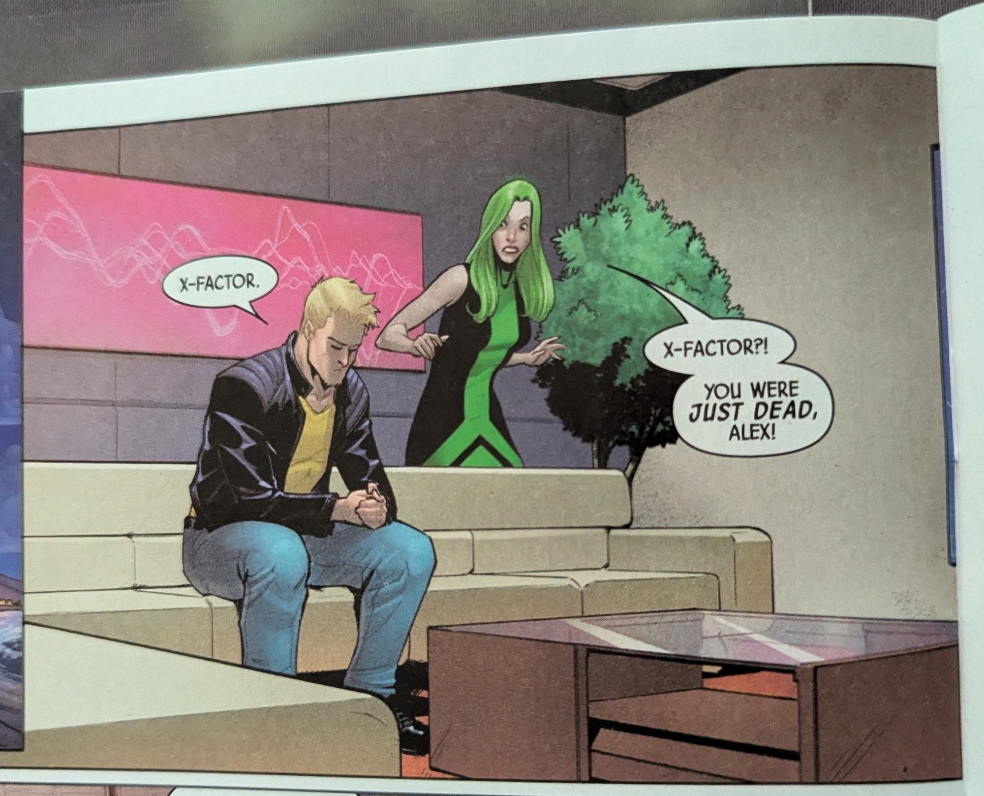 Panel from X-Factor #1 by Mark Russell and Bob Quinn where Polaris curiously uses Havok's human name, Alex.