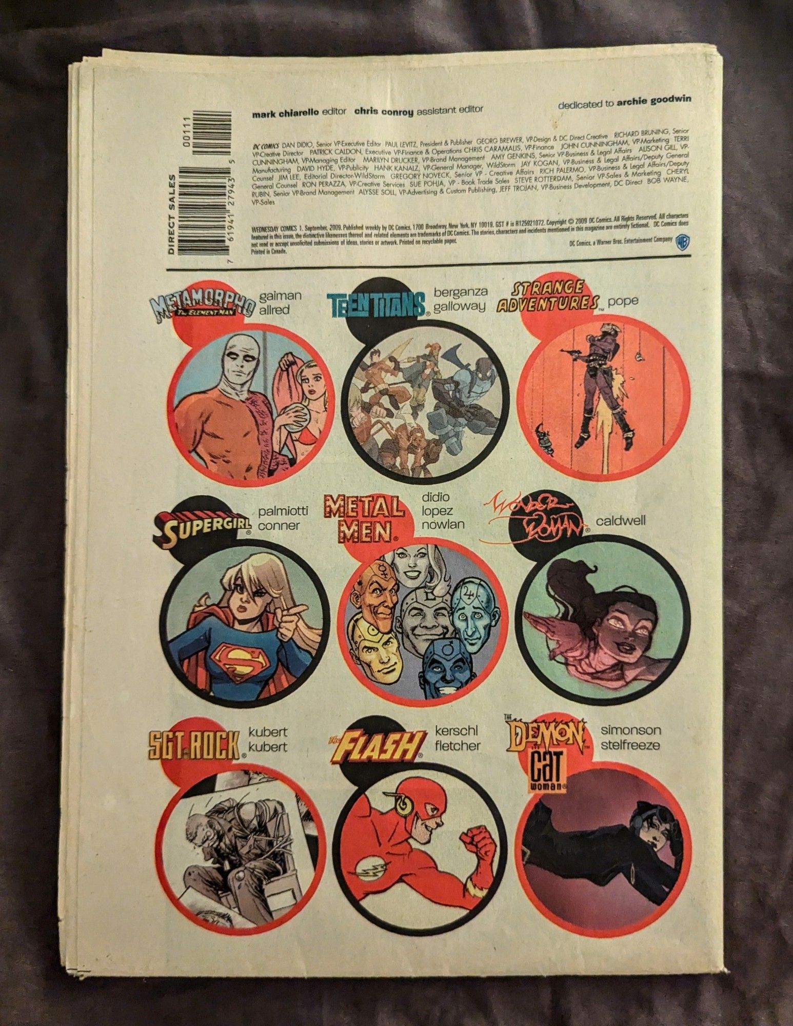 'Back' cover of WEDNESDAY COMICS featuring images from nine of the stories included.