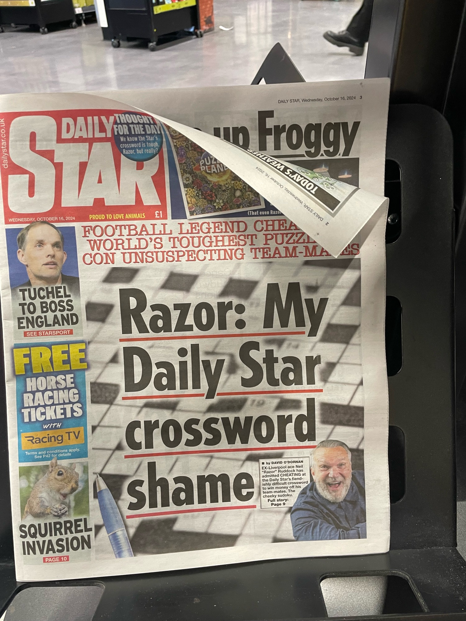 Front page of the Daily Star with the main headline “Razor: My Daily Star crossword shame” and above it the line “Football legend cheats on world’s toughest puzzle to con unsuspecting team mates”. There is an image of a crossword grid in the background and an inset picture of the ex-footballer Neil Ruddock.  Three smaller items up the side of the page include one with the heading “Squirrel invasion”. 