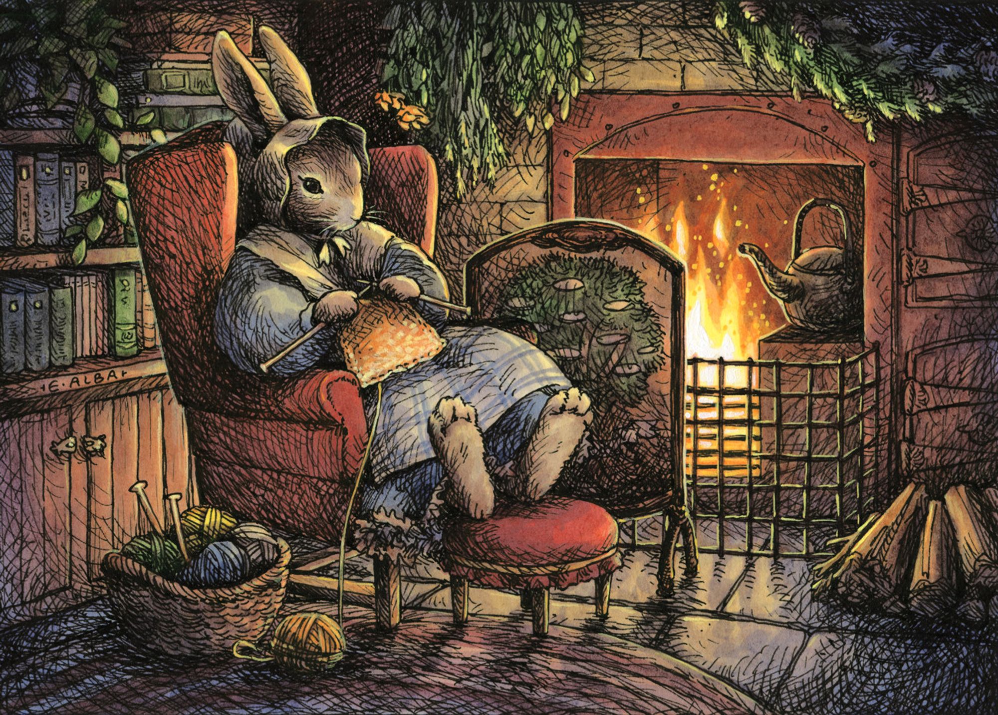 An ink and watercolor illustration of a rabbit knitting by the fire in a cozy chair.