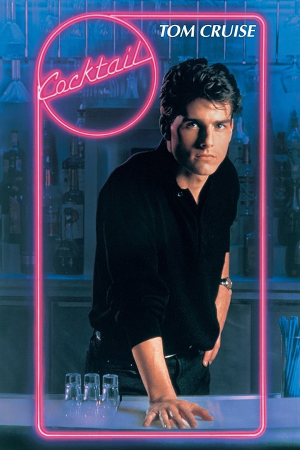 the movie poster for Tom Cruise's 1988 film Cocktail. Tom is wearing a black button down and leans against a bar beside three shot glasses. he looks intently at the viewrer.