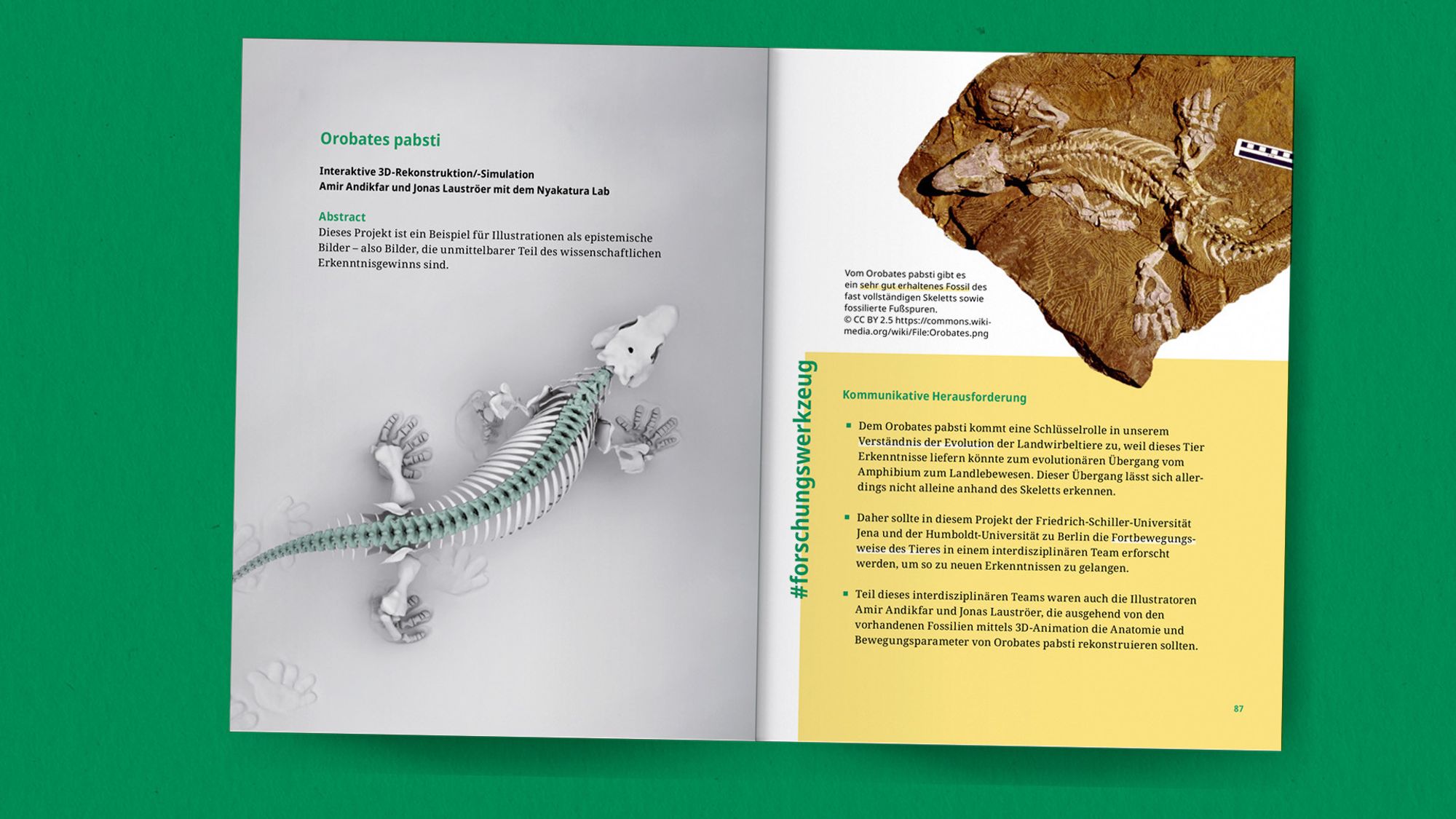 Doppelseite aus dem Bildwerk, rechts das Foto eines Fossils des Orobates pabsti, links groß eine 3D-Rekonstruktion desselben Skeletts. Dazu Erläuterungstexte.