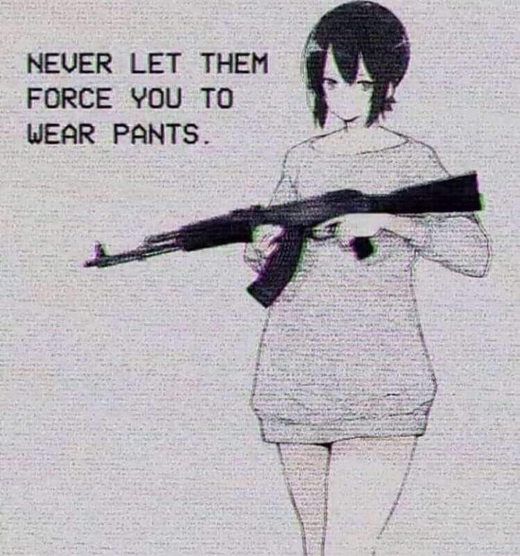 A woman wearing a tunic top and nothing else holds an assault rifle.  The picture is captioned "Never let them force you to wear pants."