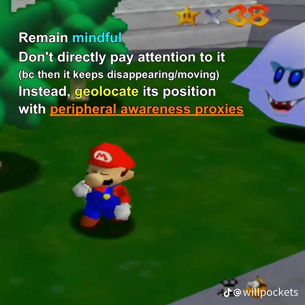 Screenshot of Mario 64, Mario has now fully turned his back on the Boo, which is fully opaque. Mario’s eyes are closed and appears calm, the image is commented with “Remain mindful 
Don’t directly pay attention to it
(bc it keeps disappearing/moving)
Instead, geolocate its position with peripheral awareness proxies”