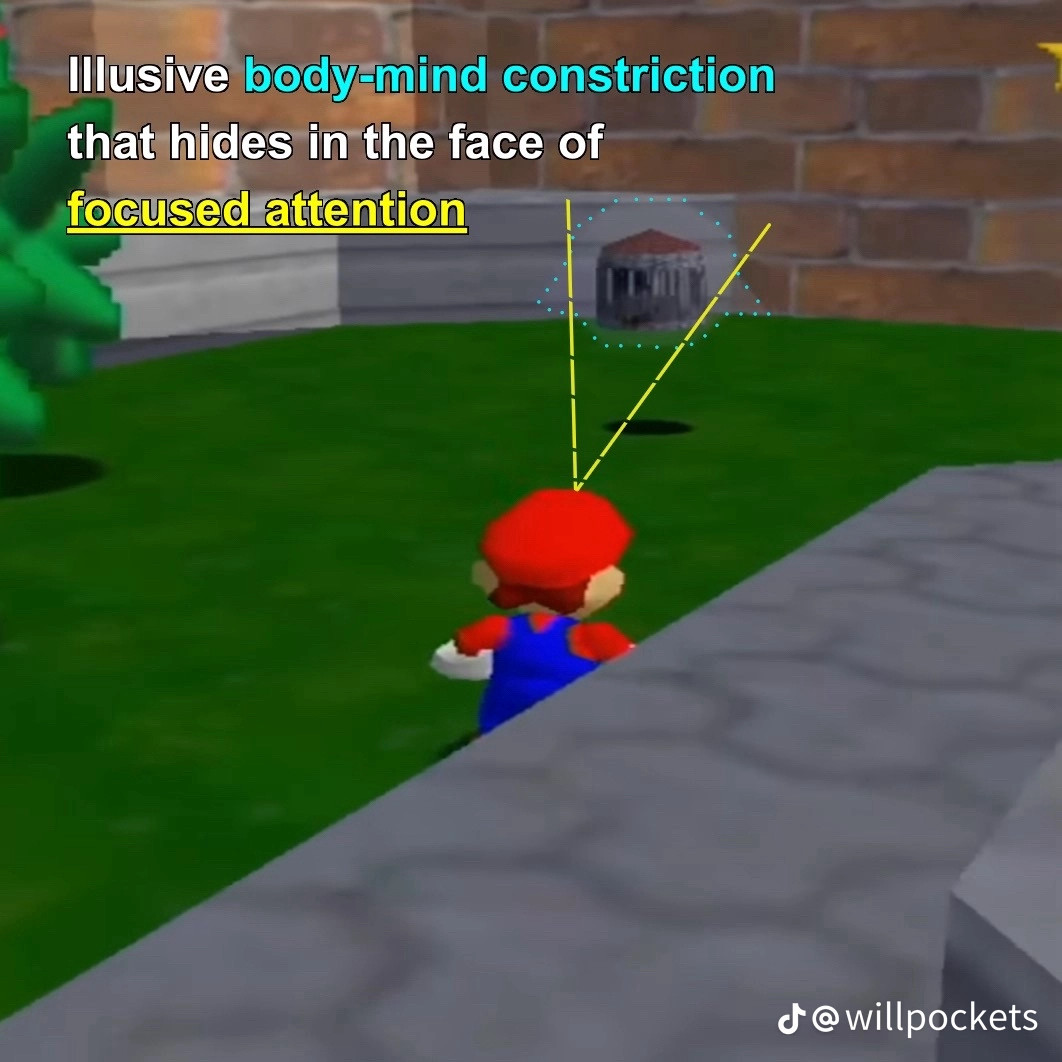 Screenshot of Mario 64, showing Mario looking towards an object which has a semitransparent Boo overlaid on top of it. The image has yellow diagram lines showing Mario’s sight line, which is commented with “Illusive body-mind constriction that hides in the face of focused attention”