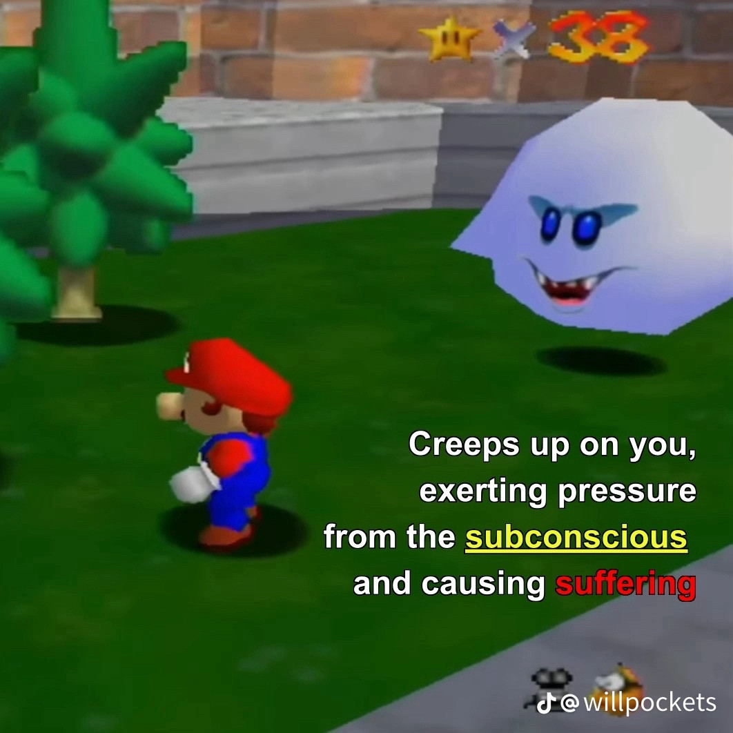 Screenshot of Mario 64, Mario has turned his back on the Boo which is getting closer and is fully opaque. The comment states “Creeps up on you, exerting pressure from the subconscious and causing suffering”.