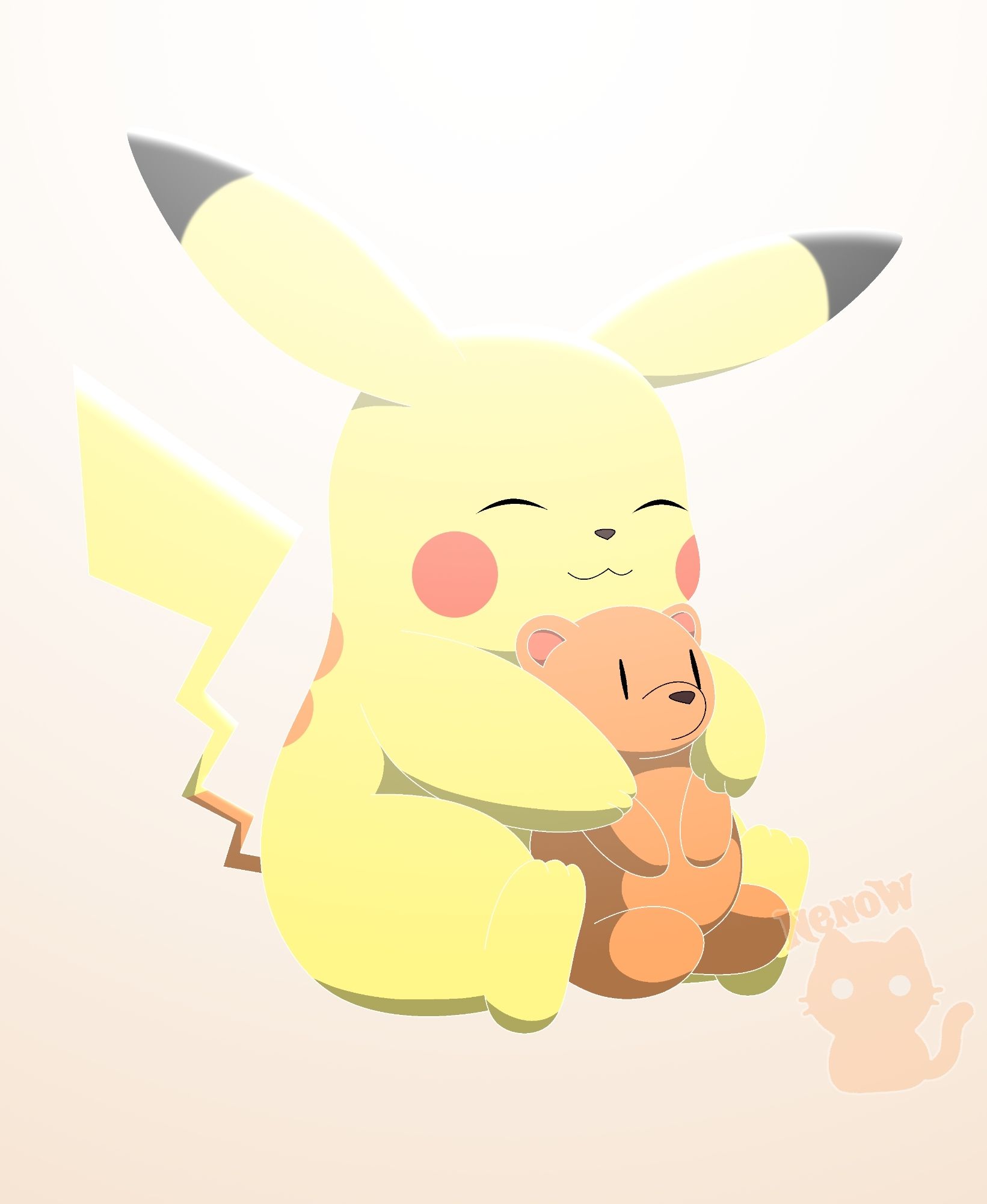 The yellow Pokemon named Pikachu sitting while hugging a teddy bear plushie.