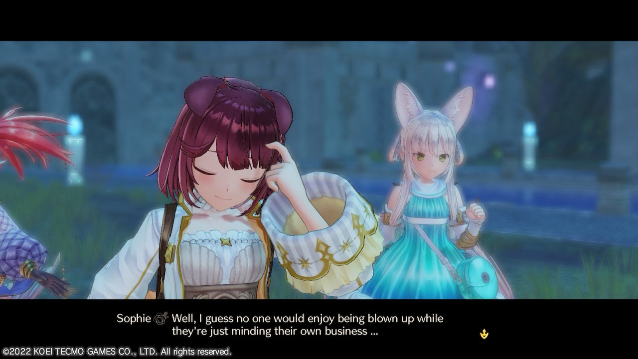 Atelier Sophie 2 screenshot. Sophie is saying, “Well, I guess no one would enjoy being blown up while they're just minding their own business...”