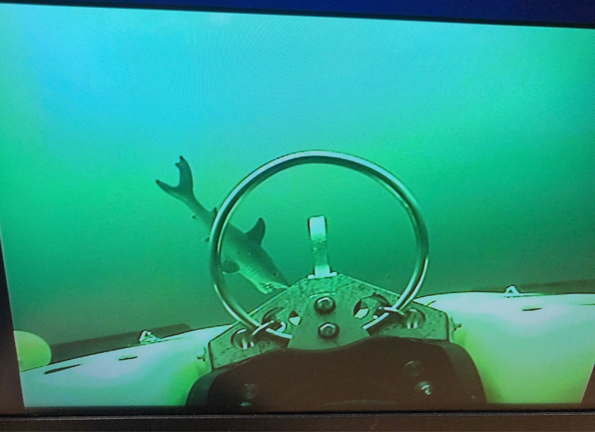 Shark toy visible in rear-facing camera on ROV during descent on a dive