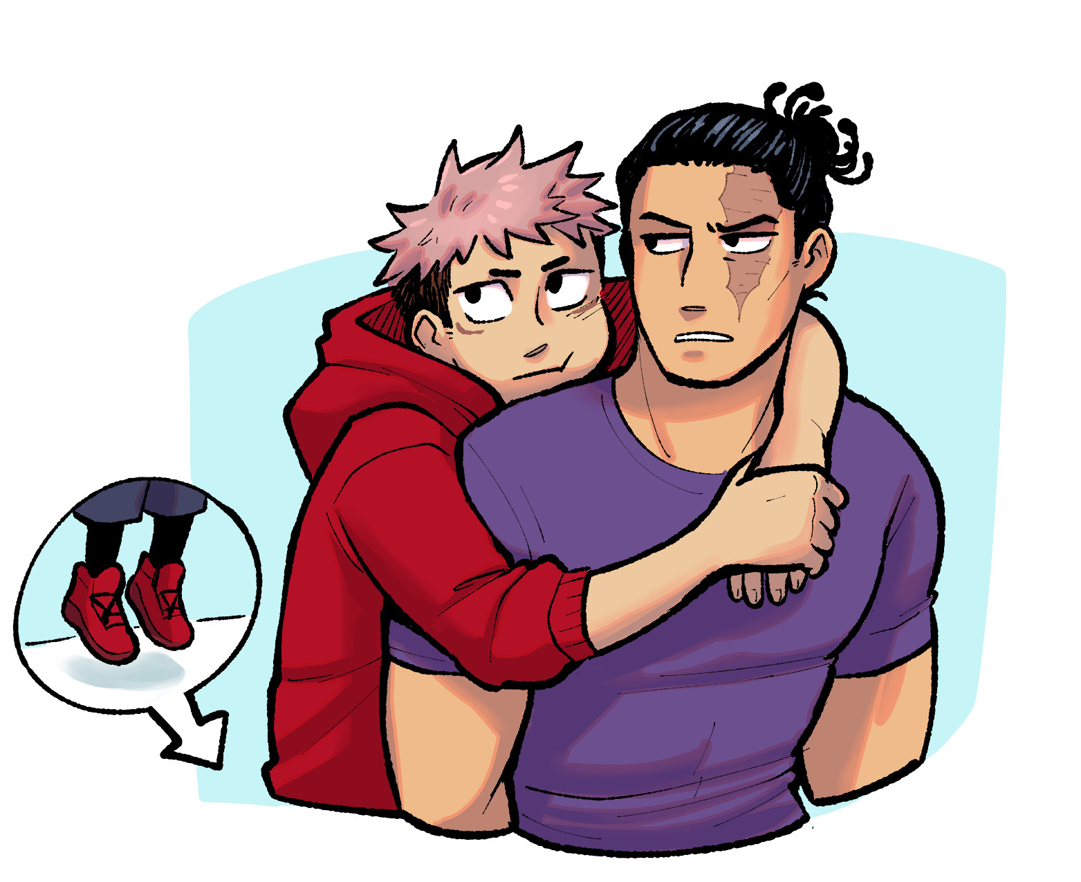 Jujutsu kaisen fanart. Yuji’s slung himself bodily around Todo and the height difference means his feet are dangling comically off the ground. They both are looking off screen with what might be slight annoyance