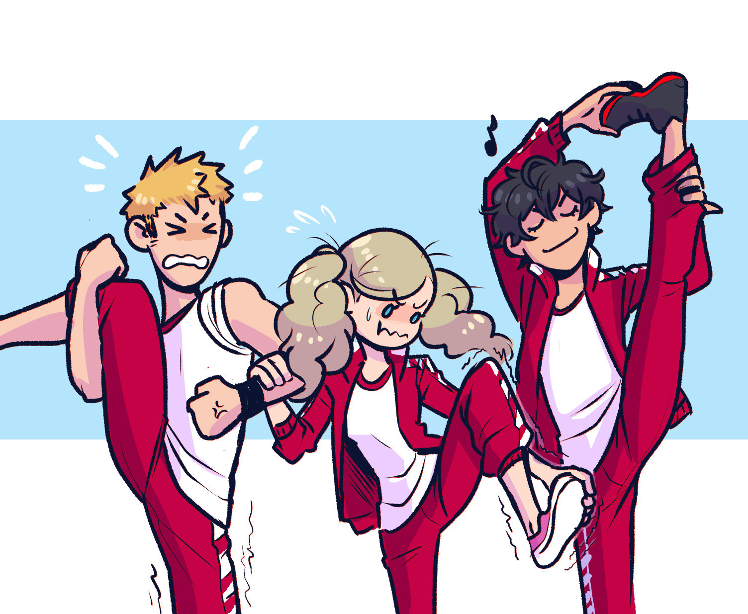 Persona 5 fanart where Ann, Ryuji and the protagonist are trying to do standing splits. Ryuji is halfway there but struggling, Ann holds herself up via Ryuji because she can barely get her foot up high enough, and Joker does a perfect one because he's a show off.