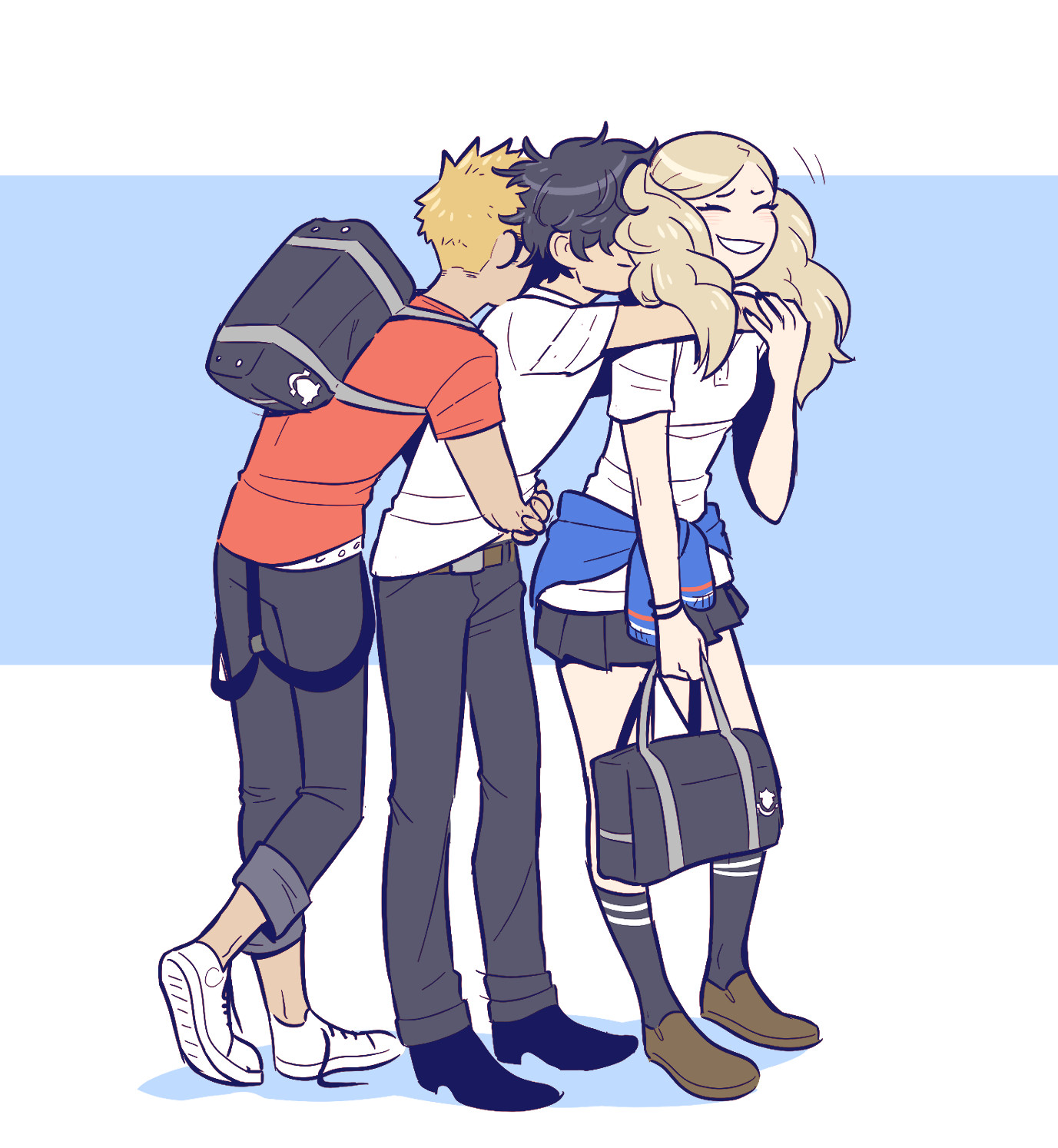 Ryuji, Joker and Ann stand for the train all clinging to eachother in a line, faces buried in each other's hair as Ann laughs.