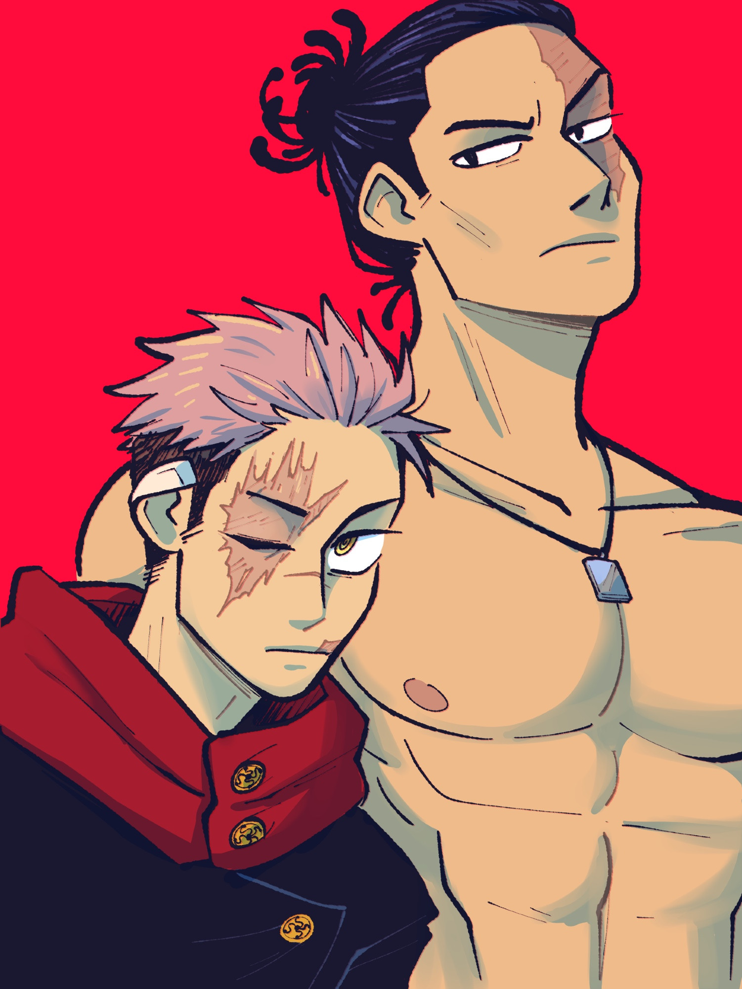 Jujutsu kaisen fanart based on the final arc with the hypothetical that Yuji might have gotten a large scar over his right eye where he had had a wound for most of the battle. This echos Sukuna’s mask but is also mirrored with Todo who he’s posed with. Because I like them.