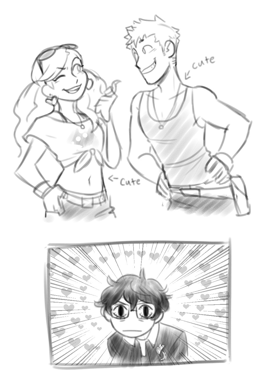 persona 5: strikers fanart where Ann and Ryuji are casually talking, and the protagonist hones in on how cute Ryuji's tanktop and Ann's croptop are.