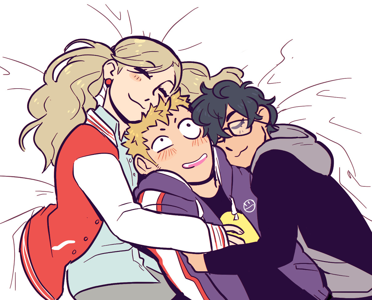 Ann, and Joker lay in bed with Ryuji cuddling him like pleased cats as he makes a goofy expression in the middle.