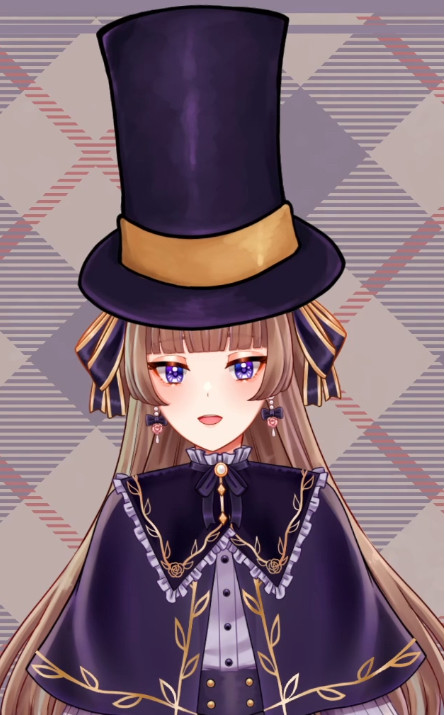 Hazel wearing a big purple and gold top hat, in the same color scheme as their own outfit.