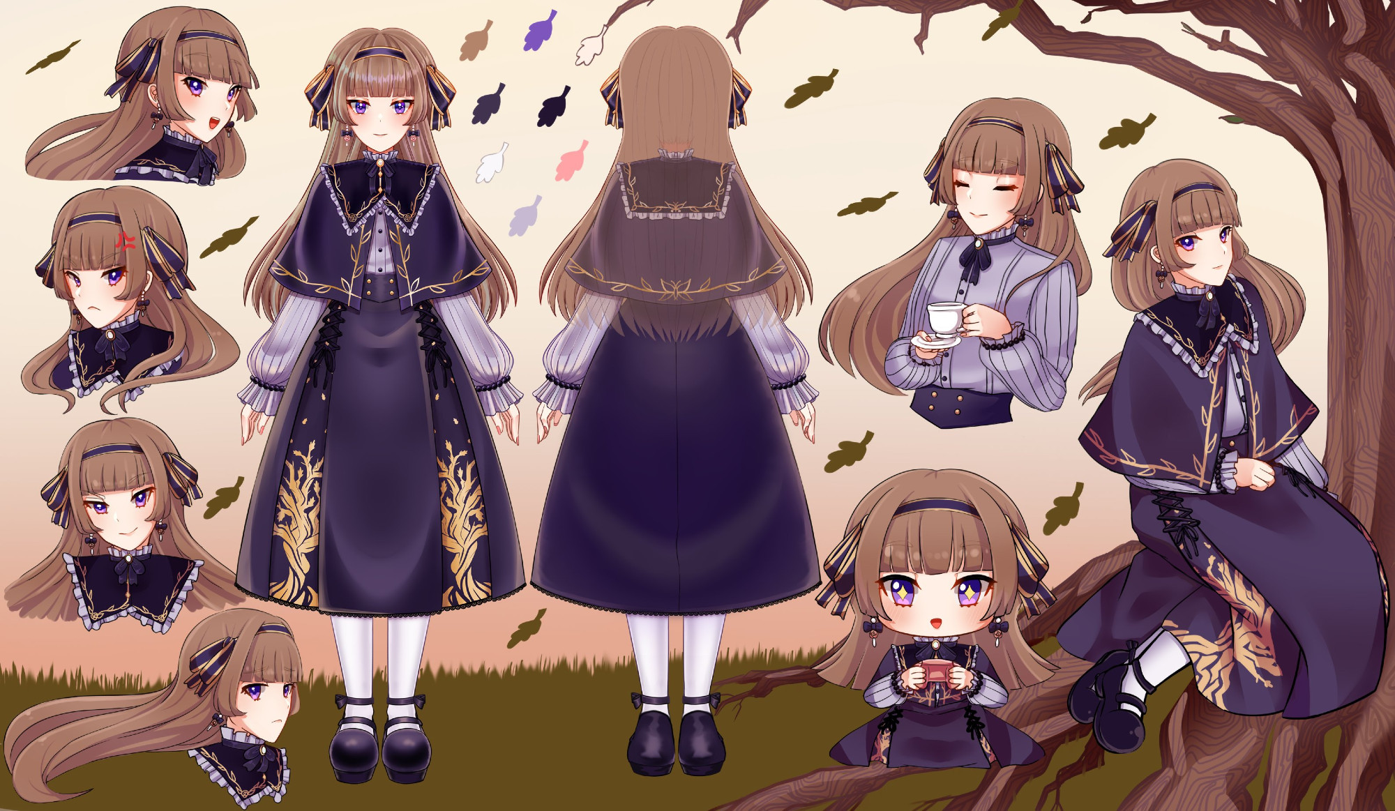 A reference sheet showing Hazel from various angles and expressions (happy, mad, smug, sad), with one holding a teacup and another in a chibi style holding a game controller