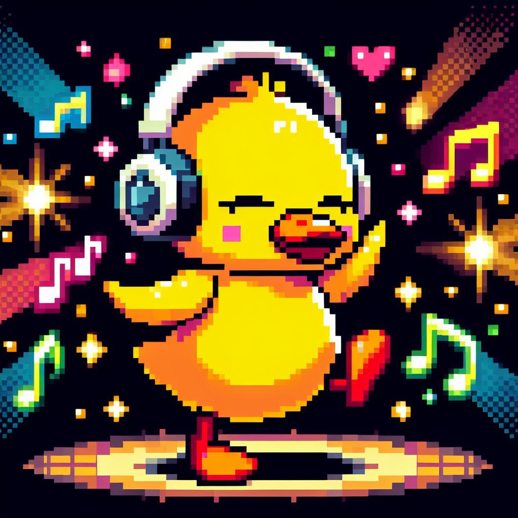 Eine tanzende Ente mit Kopfhörern im Pixelstyle. Um sie herum bunte Lichter und Noten.