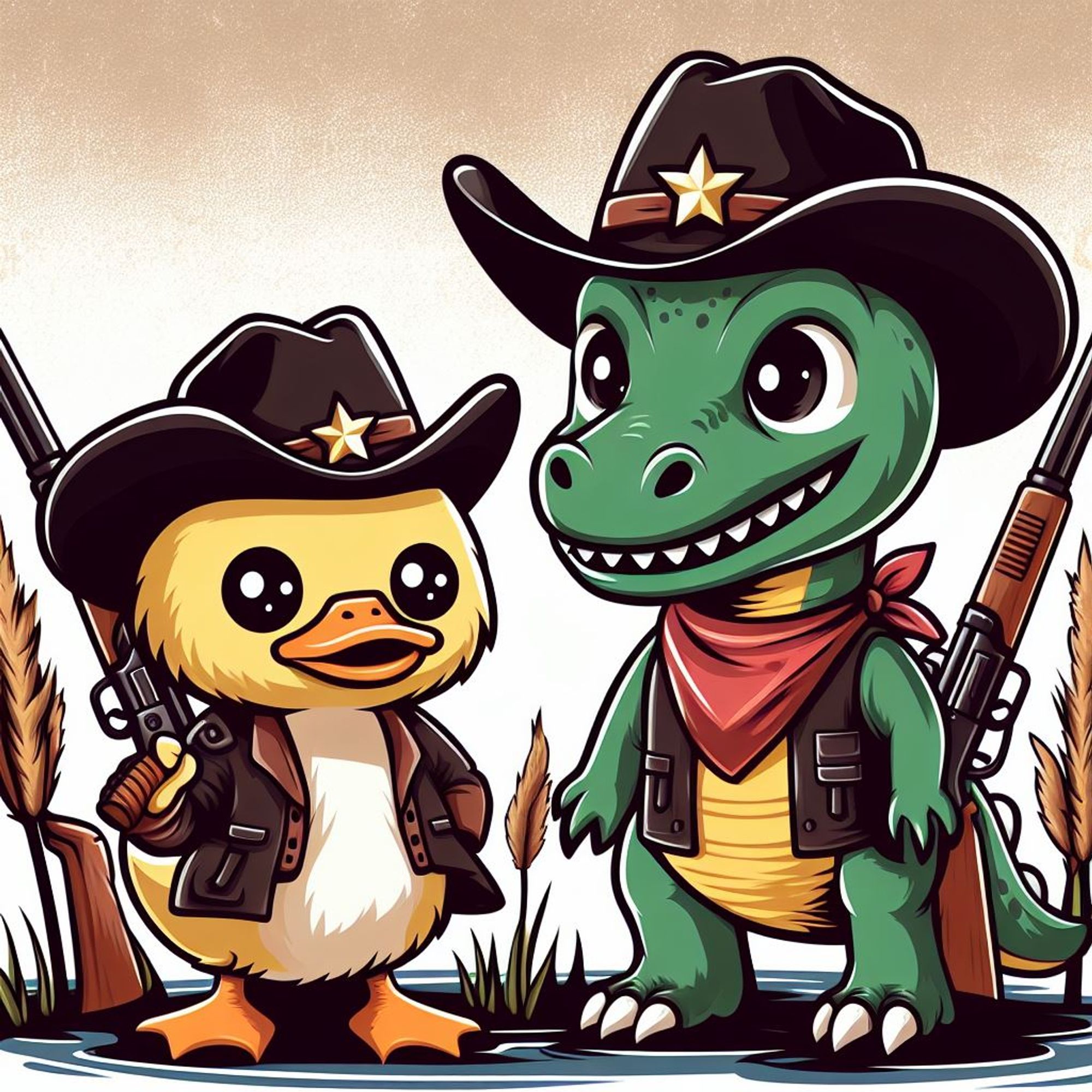 Eine Ente und ein Dino auf Jagd im Bayou! Sie tragen Cowboyhüte, Waffen und passende Kleidung.