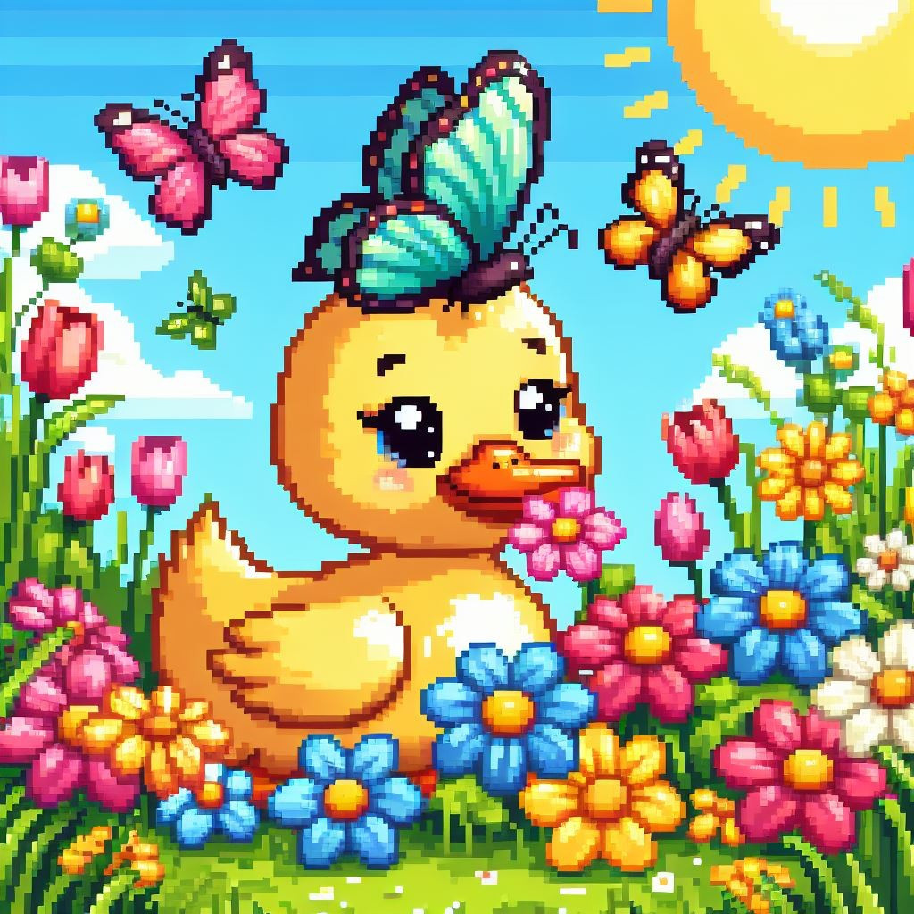 Eine gelbe Ente im Pixelstyle in einer Wiese voller Blumen und Schmetterlinge. Die Sonne scheint über ihr. Die Ente sieht glücklich aus.