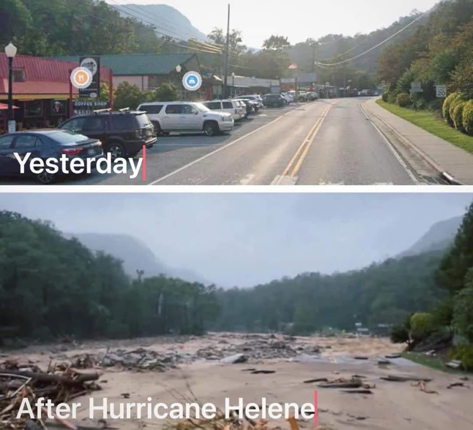 Two photos, before and after hurricane Helene in Chimney Rock, North Carolina. The former shows a small town along a highway. The latter shows the same road but the town has been washed away. The destruction is total.