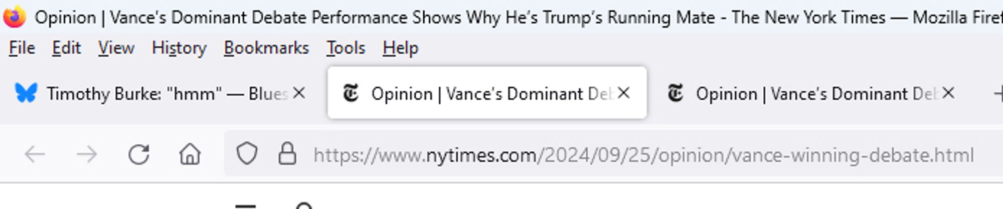 Screencap of a browser showing the original URL for an opinion piece for Vance's debate performance, originally posted on September 25, 2024, but posted publicly on October 1.