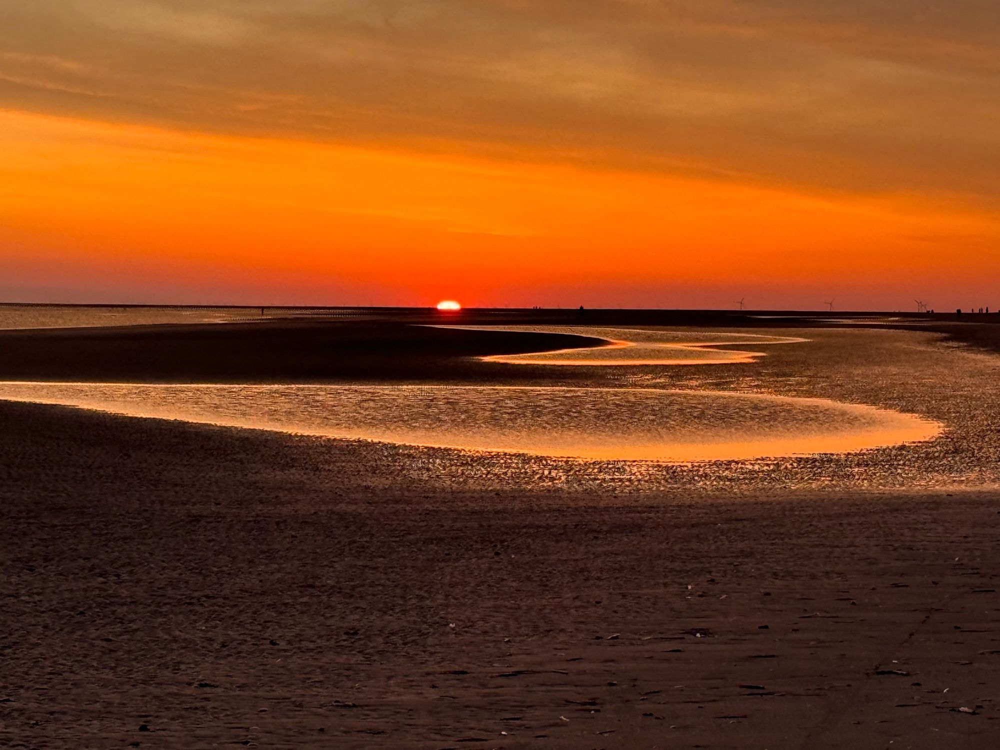 Sonnenuntergang über dem Meer, die Sonne ist fast verschwunden. Das Licht ist kräftig rot/orange. Am Strand glitzert das Wasser in den Prielen.