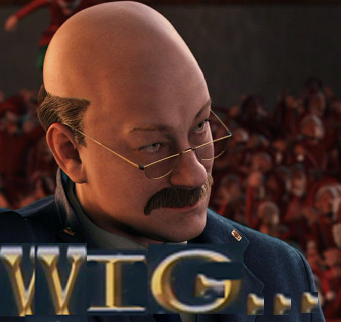 screencap of the Conductor from the Polar Express, but edited to be bald, with the caption "WIG..." fashioned out of letters used in the Polar Express logo underneath