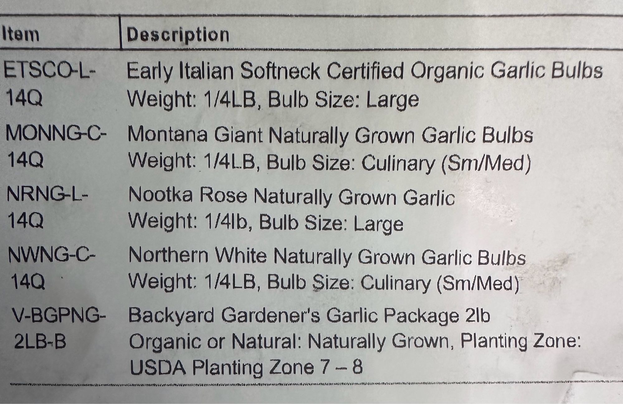 Receipt of the garlic bulbs I bought. Italian soft neck, Montana giant, Nootka rose, northern white, and a 2 pound backyard gardener’s garlic package. All other kinds are 1/4 lb.