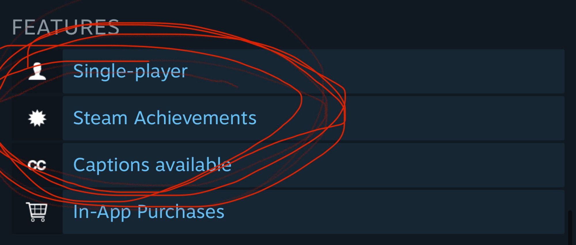 Screenshot of the steam features, showing a newly added steam achievements tag that I circled with red because I am excited