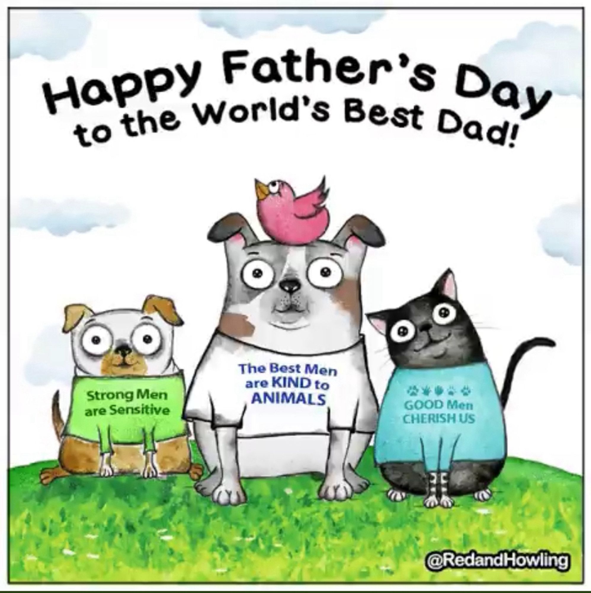 Cartoon pic captioned “Happy Father’s Day to the world’s best dad!” Two dogs, a cat and a bird posing. One dog has shirt says “strong men are sensitive.” Another dog has “the best men are kind to animals.” Cat tee says “good men cherish us.”