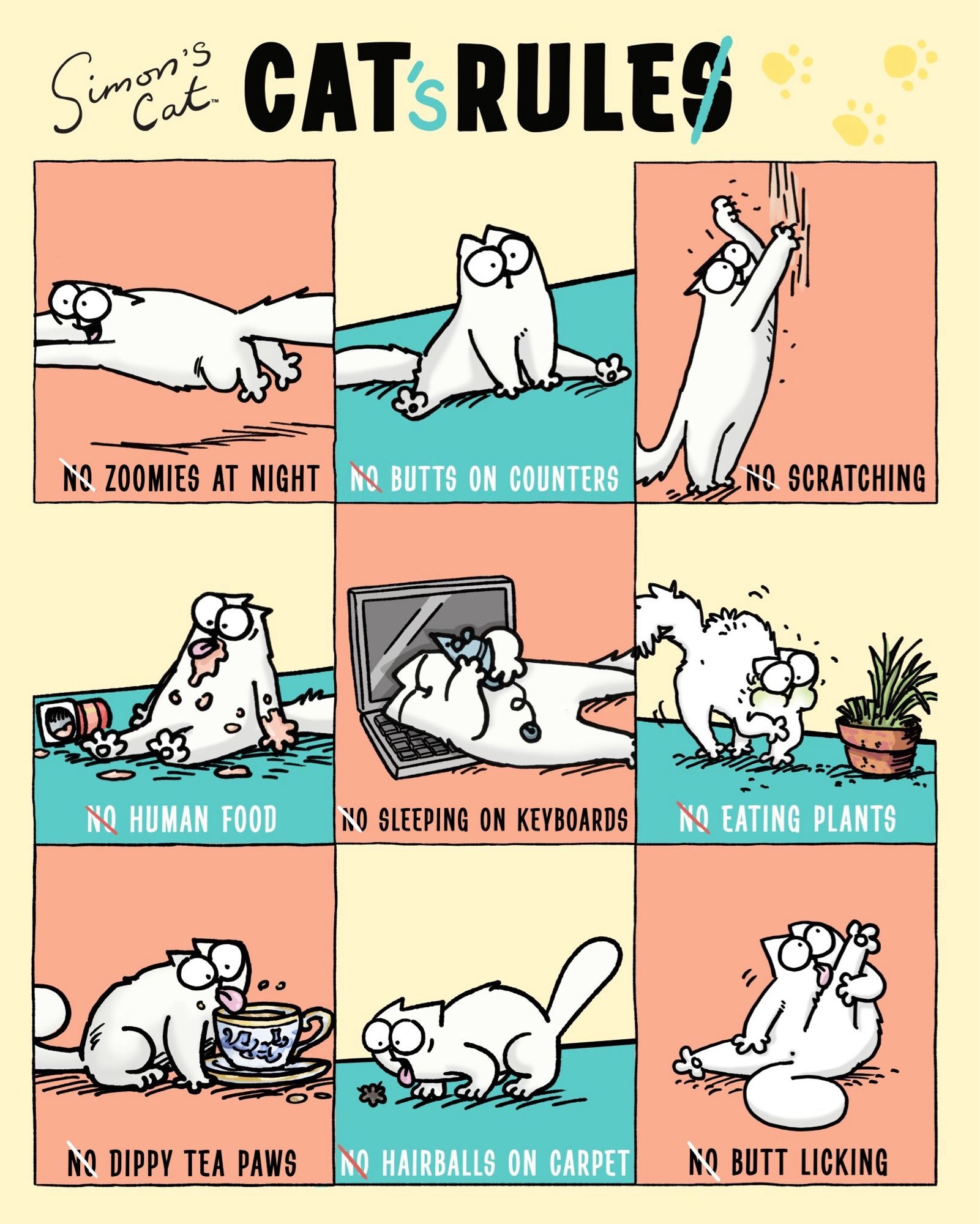 Cartoon by Simon Tofield. Simon’s Cat Rules is changed to “Cat’s Rule” showing all the things human doesn’t allow, but the cat does it anyway: 
Doing zoomies, butts on counter, scratching, eating human food, sleeping on keyboard, eating plants, dipping tea paws, hairballs on carpet, and butt licks.