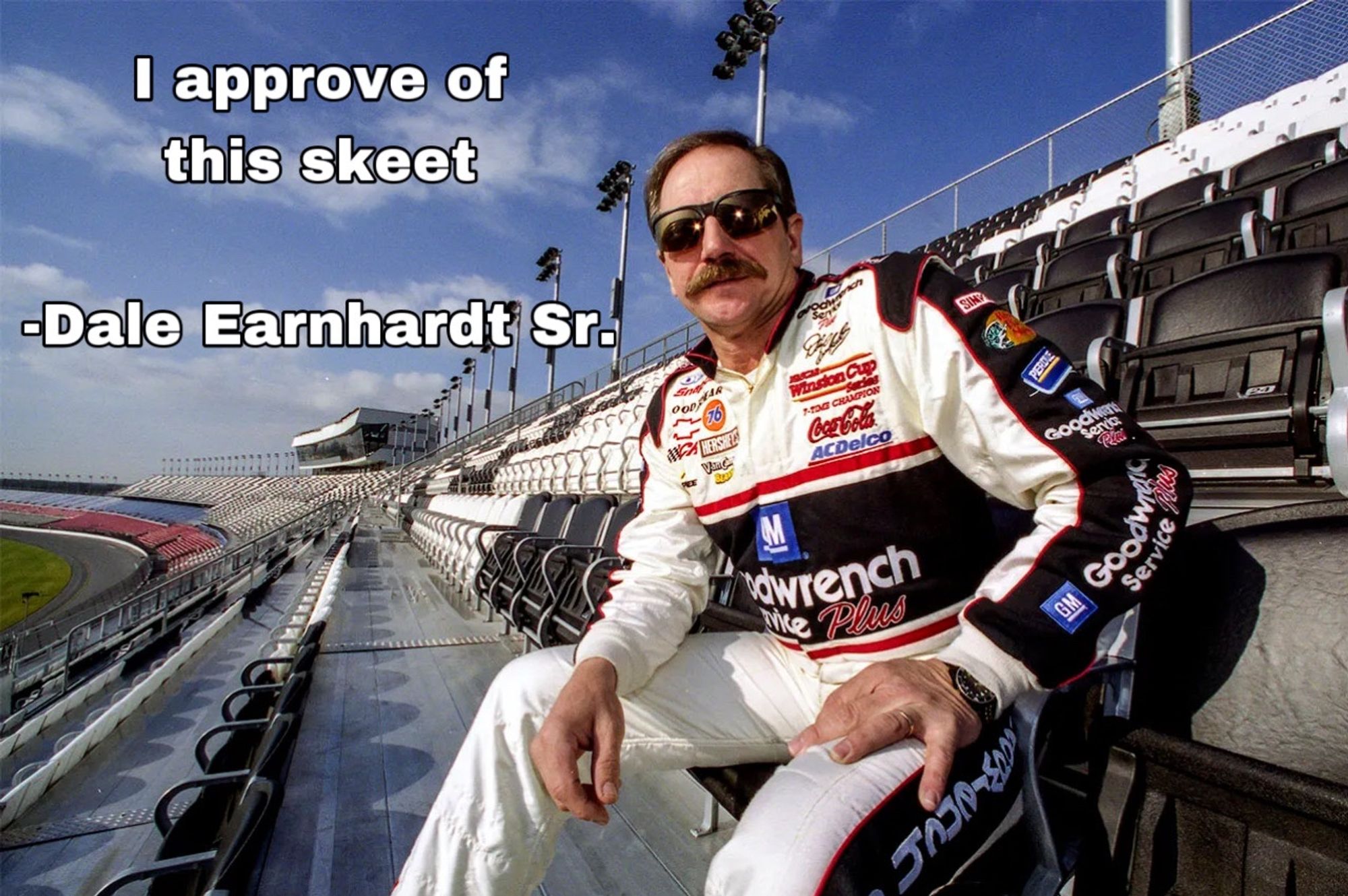 A photo of Dale Earnhardt Sr sitting in the stands at a racetrack with the words “I approve of this skeet” as quoted by the actual Dale Earnhardt Sr.